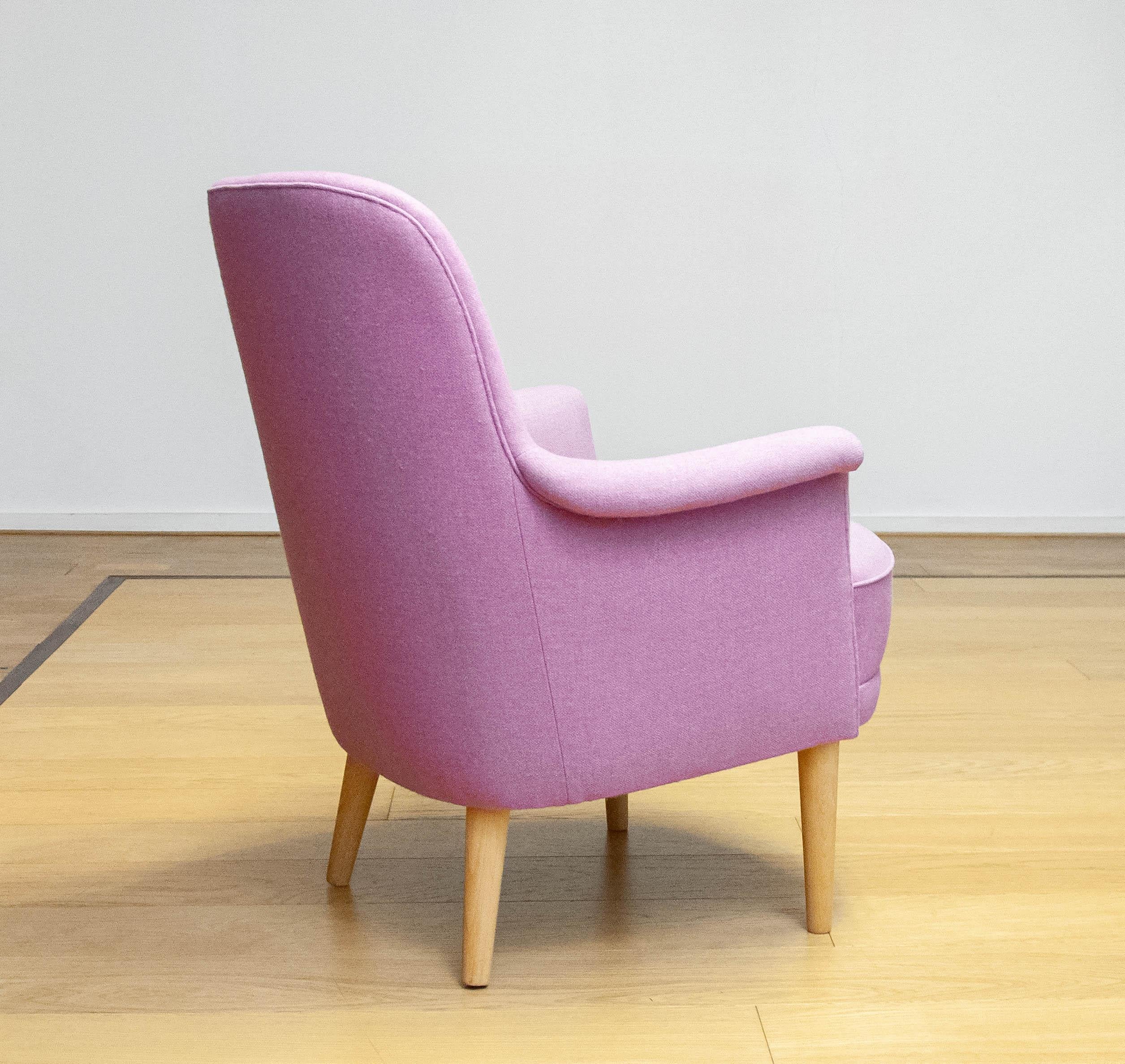 1950s Upholstered With Lilac Wool Armchair By Carl Malmsten For O.H. Sjogren. For Sale 2