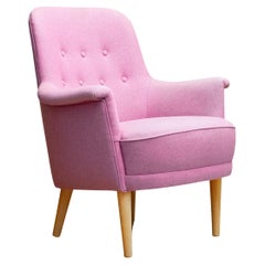 Retro 1950s Upholstered With Lilac Wool Armchair By Carl Malmsten For O.H. Sjogren.