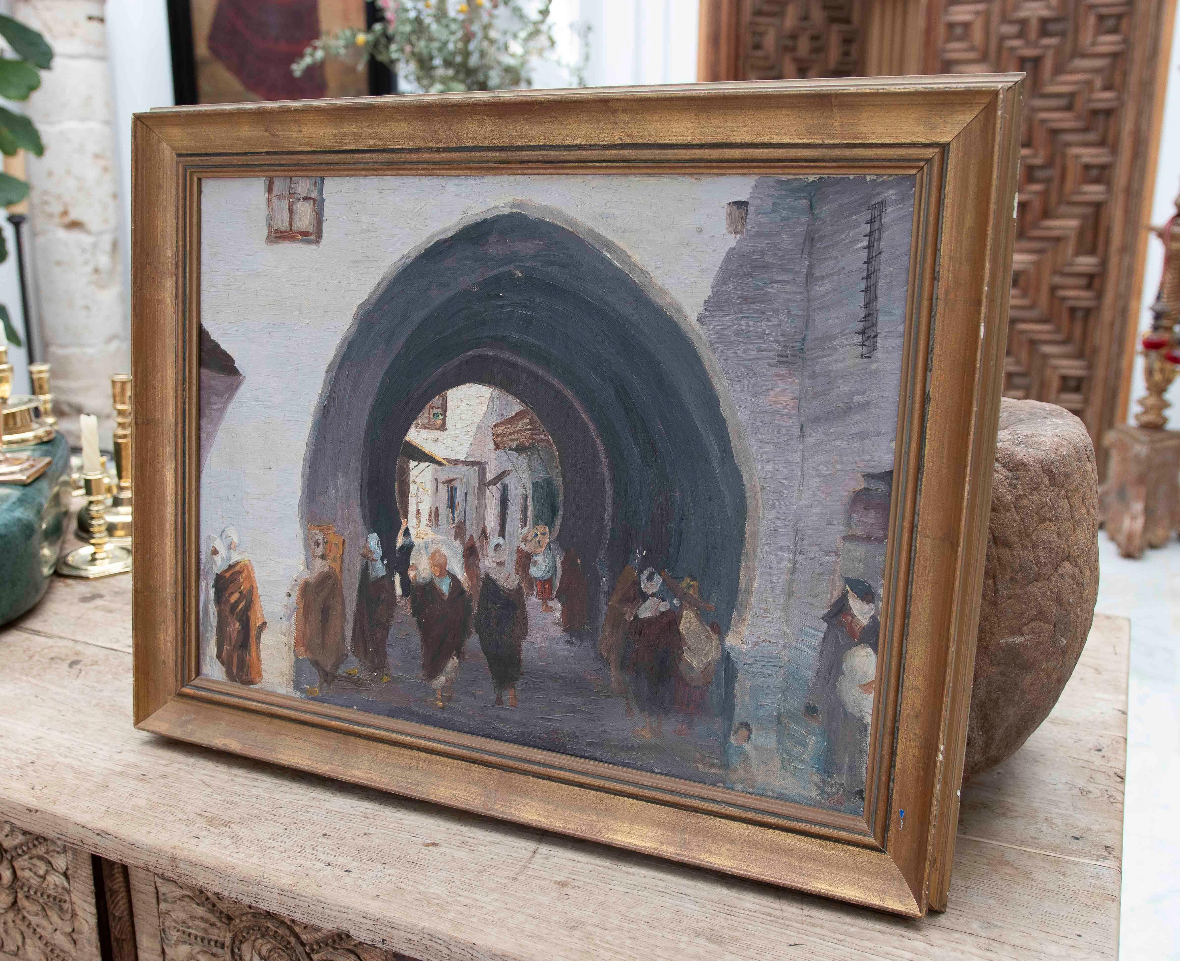 Moroccan 1950s Urban Scene Under an Arch on a Street in an Eastern North African City For Sale