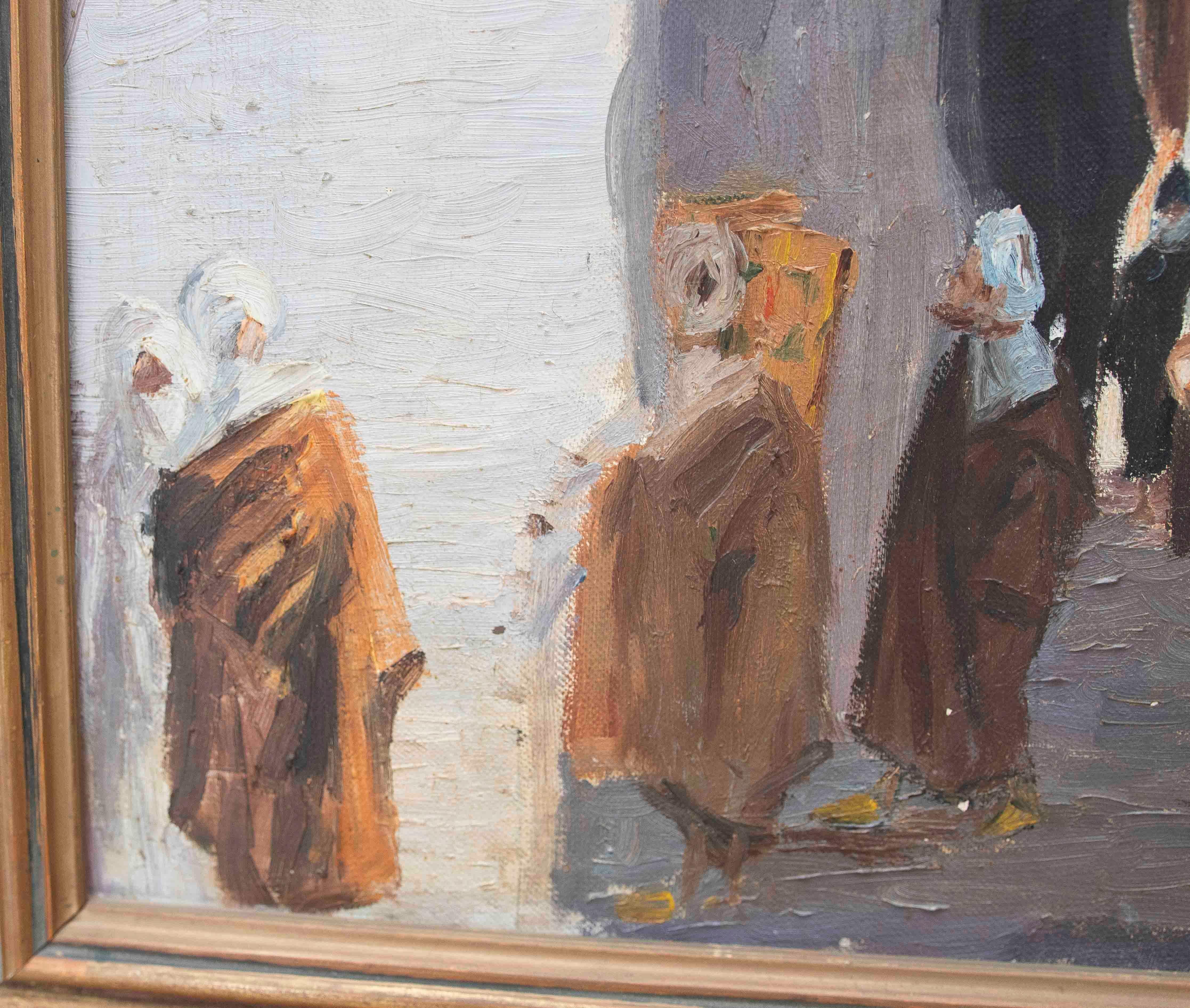 Hand-Painted 1950s Urban Scene Under an Arch on a Street in an Eastern North African City For Sale