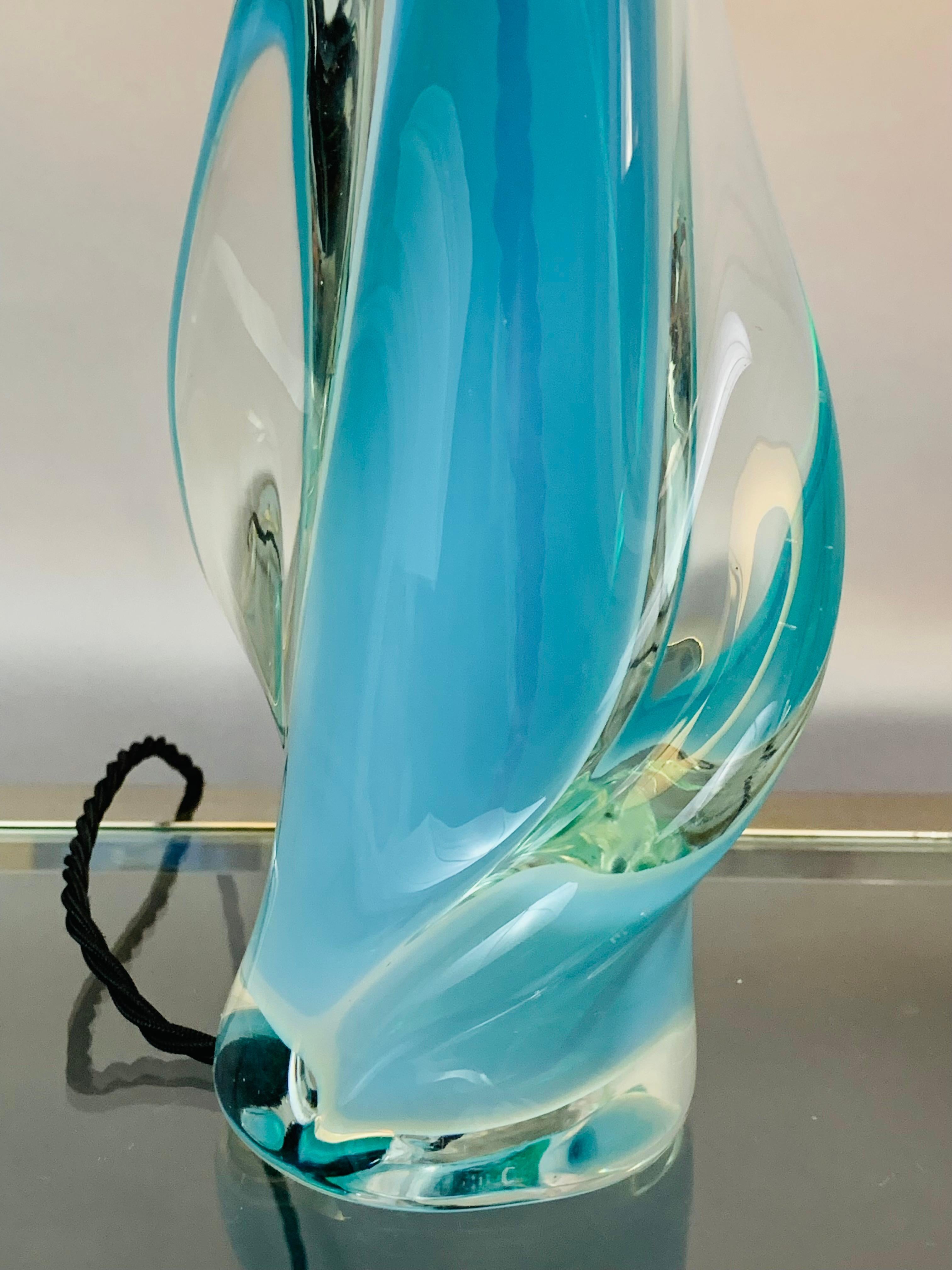 1950s Val Saint Lambert Opalescent Turquoise & Clear Crystal Glass Table Lamp 3