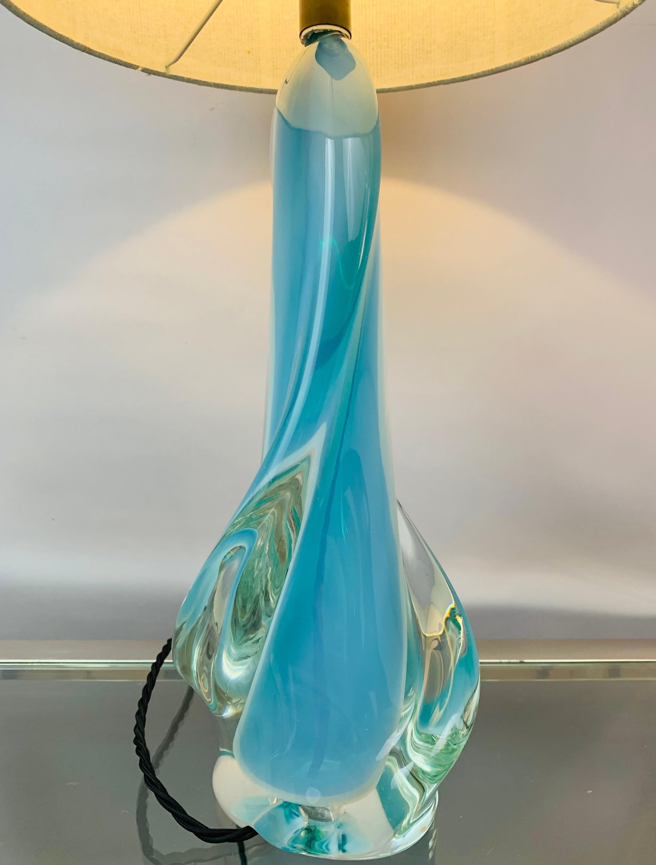 1950s Val Saint Lambert Opalescent Turquoise & Clear Crystal Glass Table Lamp 4