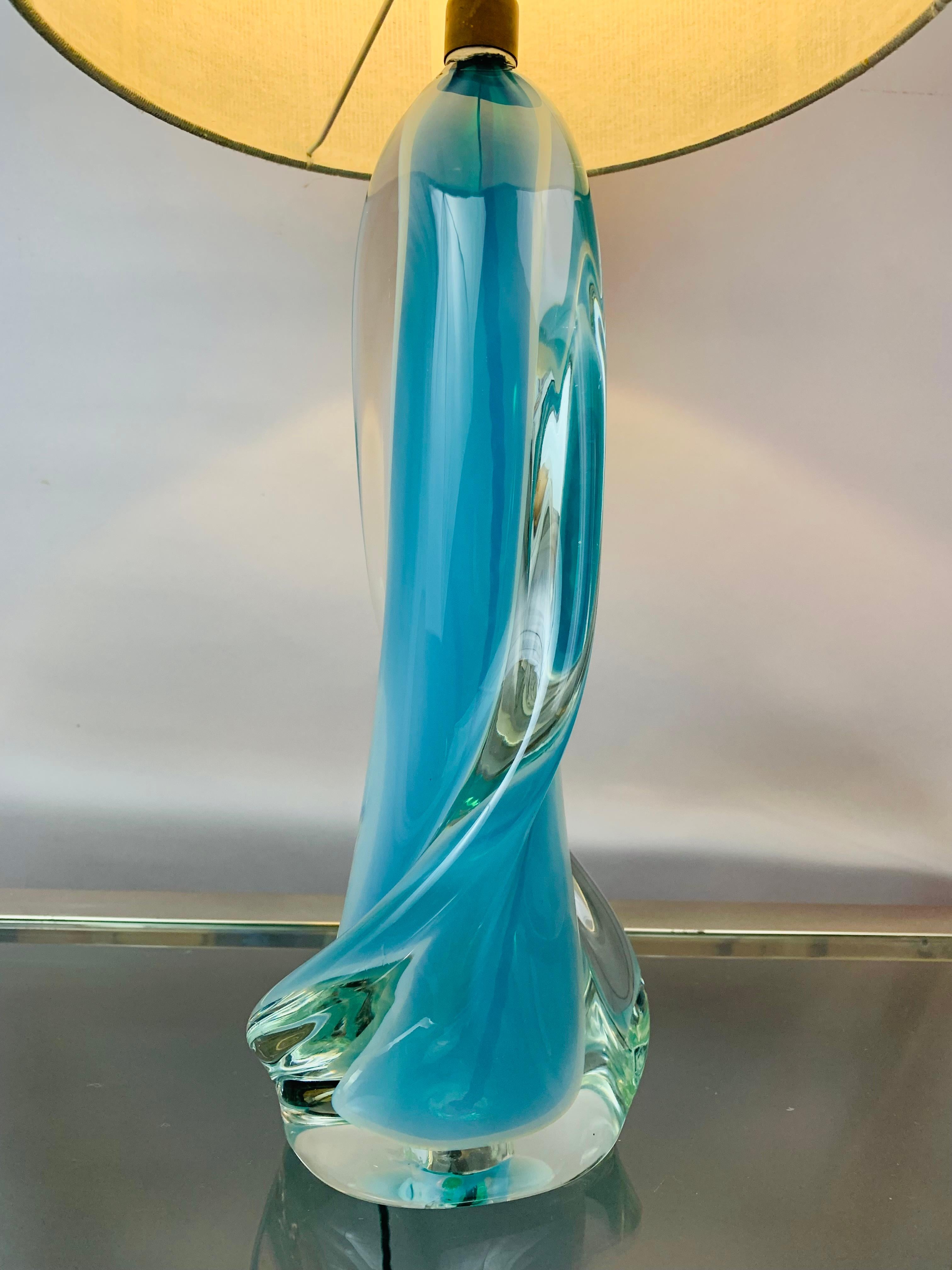 1950s Val Saint Lambert Opalescent Turquoise & Clear Crystal Glass Table Lamp 6