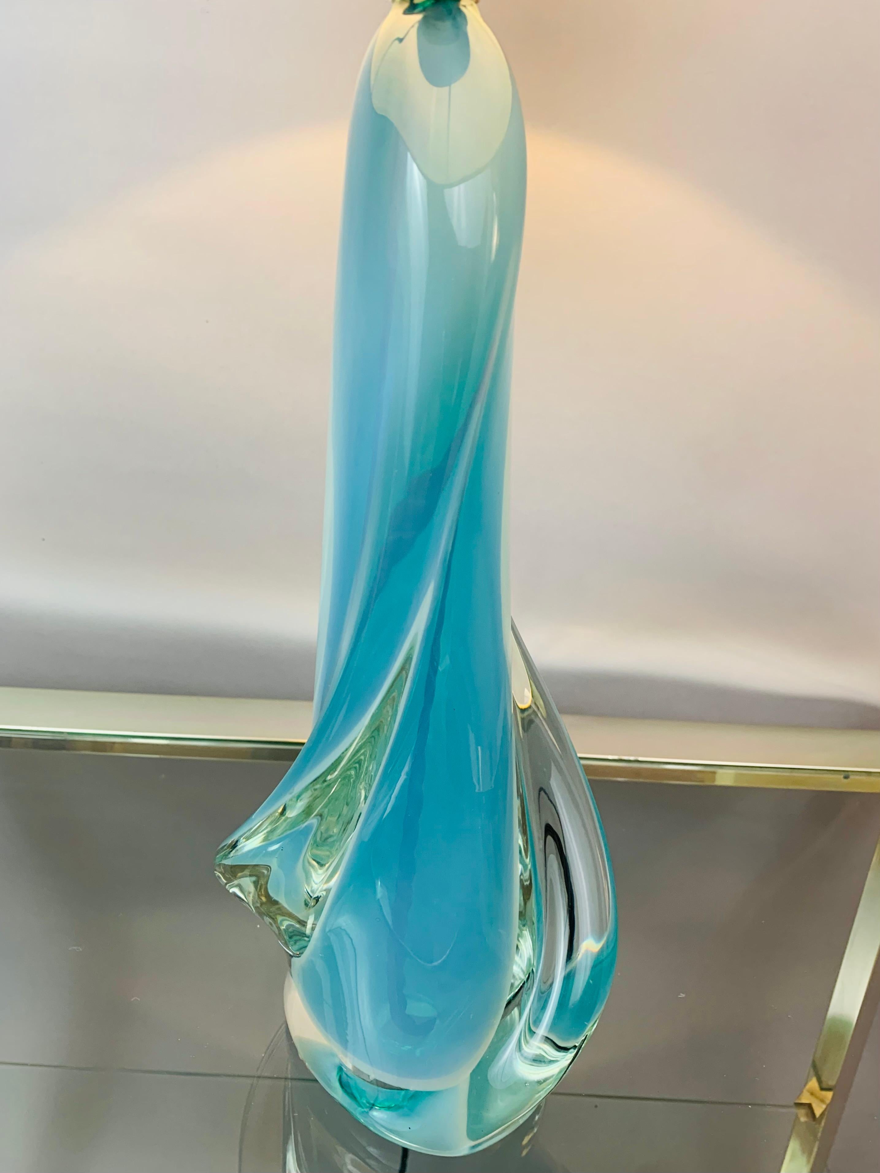 1950s Val Saint Lambert Opalescent Turquoise & Clear Crystal Glass Table Lamp 9