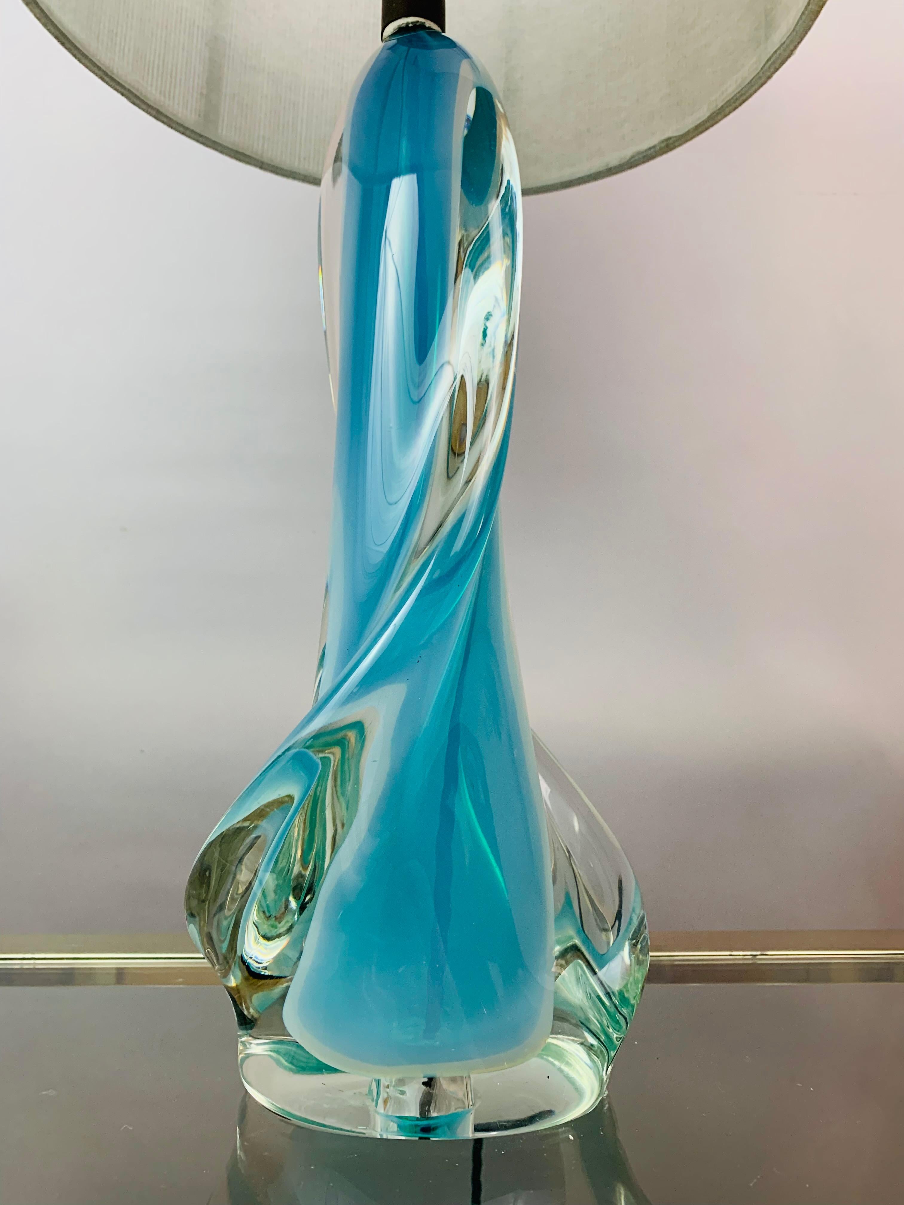 1950s Val Saint Lambert Opalescent Turquoise & Clear Crystal Glass Table Lamp 10