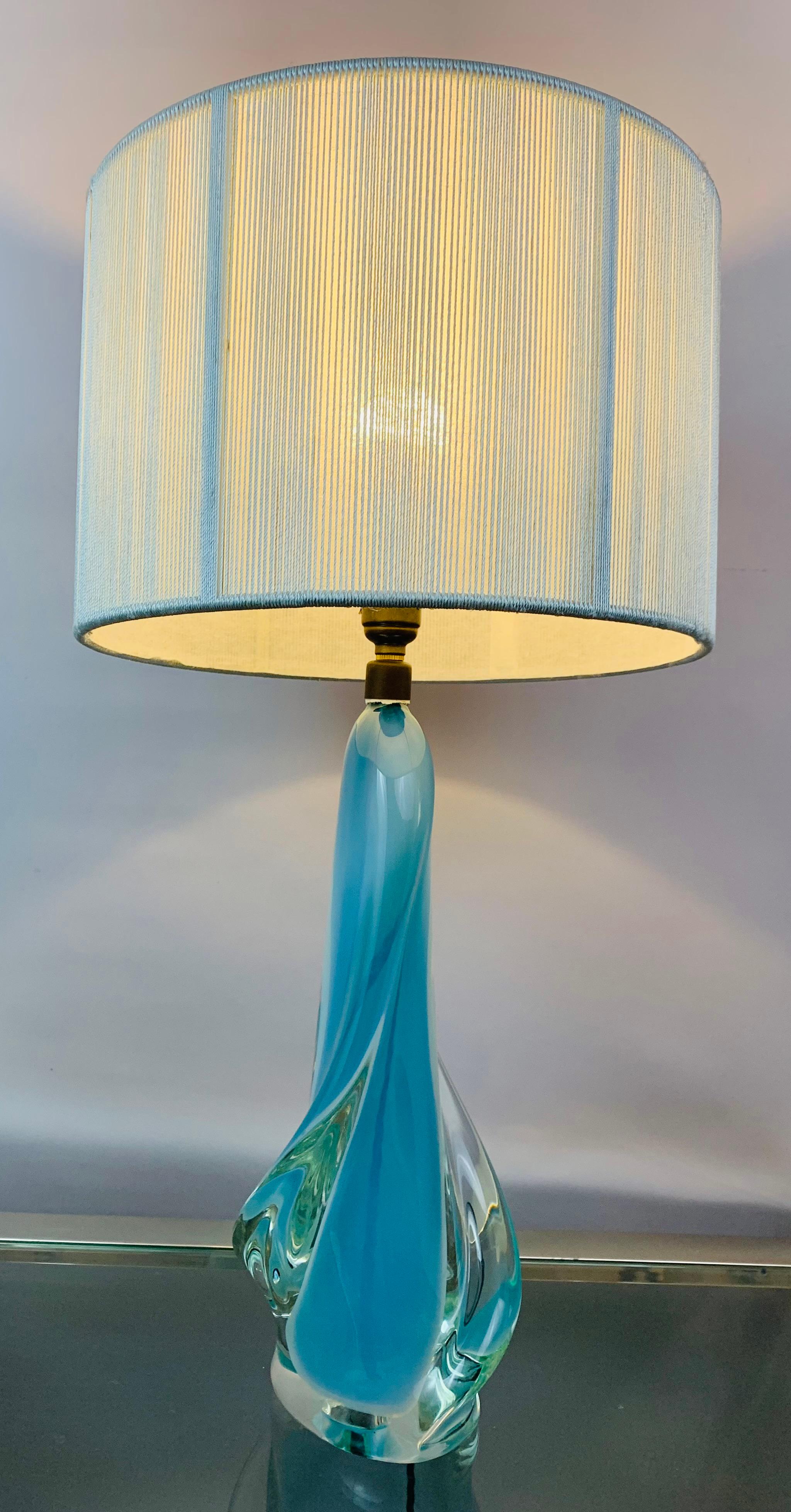 Val Saint Lambert, opalescent turquoise and clear crystal glass, lamp base. The lamp was made in the 1950s in Belgium. I have never come across this design before which is beautifully made with heavy crystal glass in a very elegant twsited, swirled