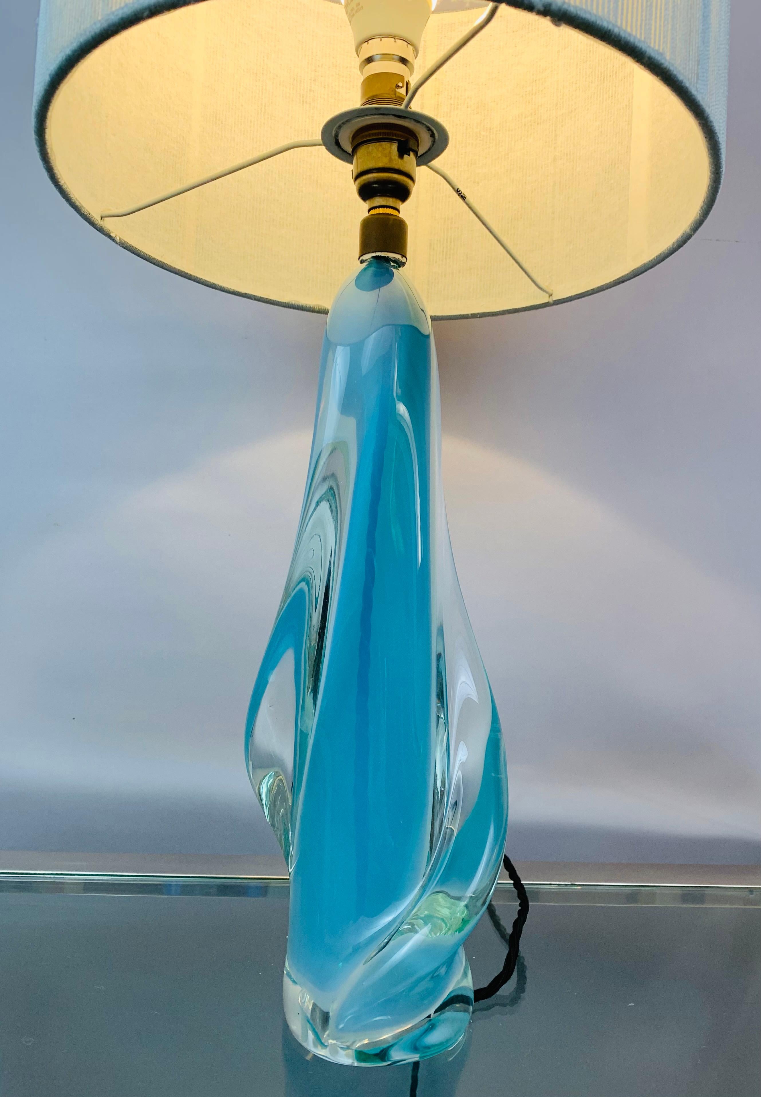 Mid-Century Modern 1950s Val Saint Lambert Opalescent Turquoise & Clear Crystal Glass Table Lamp