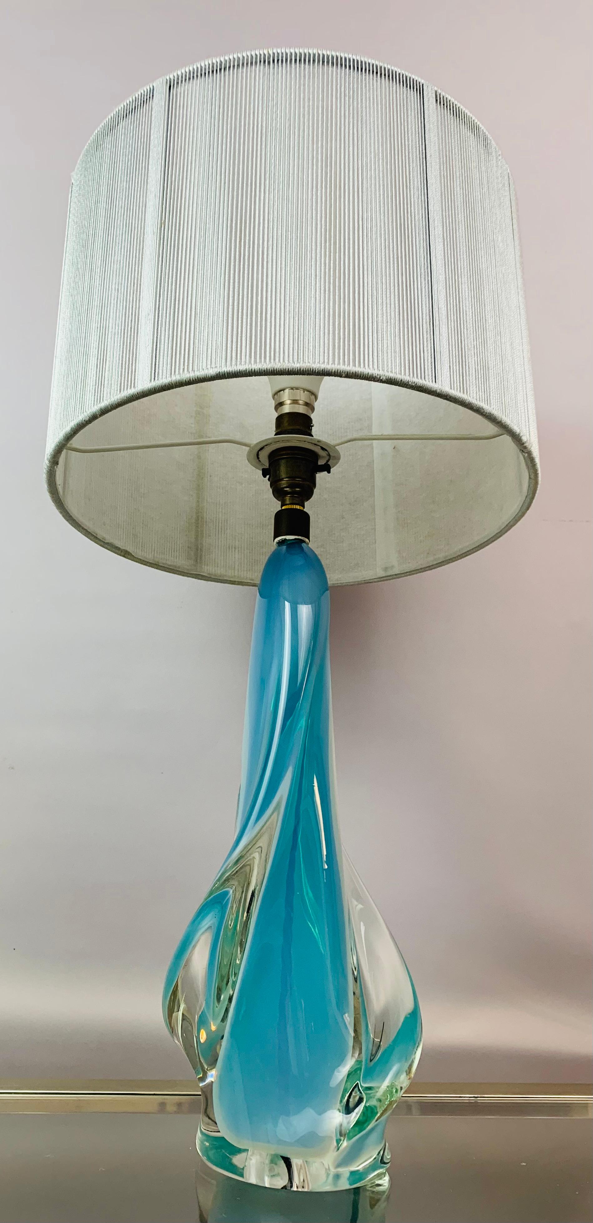 Belgian 1950s Val Saint Lambert Opalescent Turquoise & Clear Crystal Glass Table Lamp