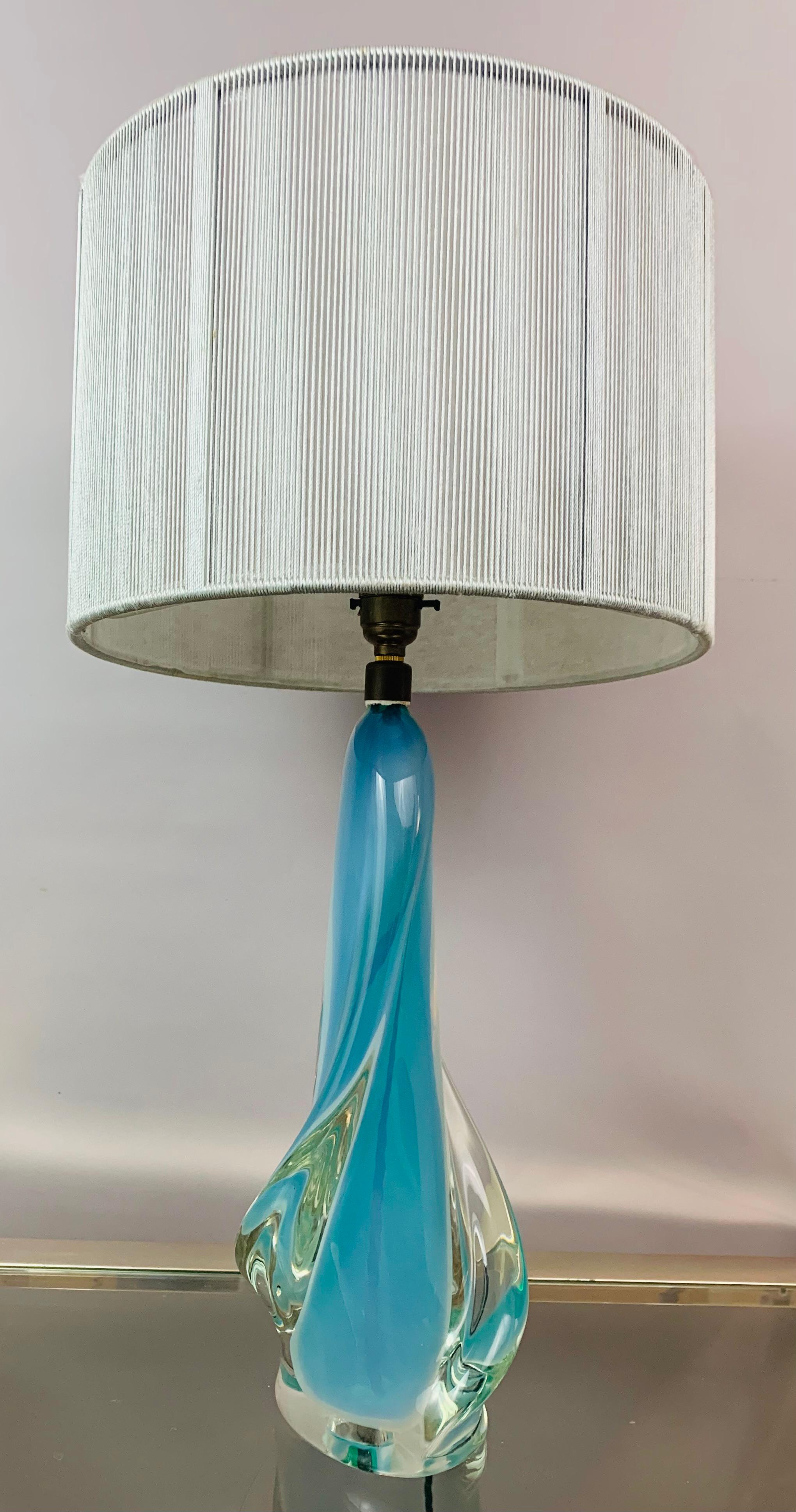1950s Val Saint Lambert Opalescent Turquoise & Clear Crystal Glass Table Lamp In Good Condition In London, GB