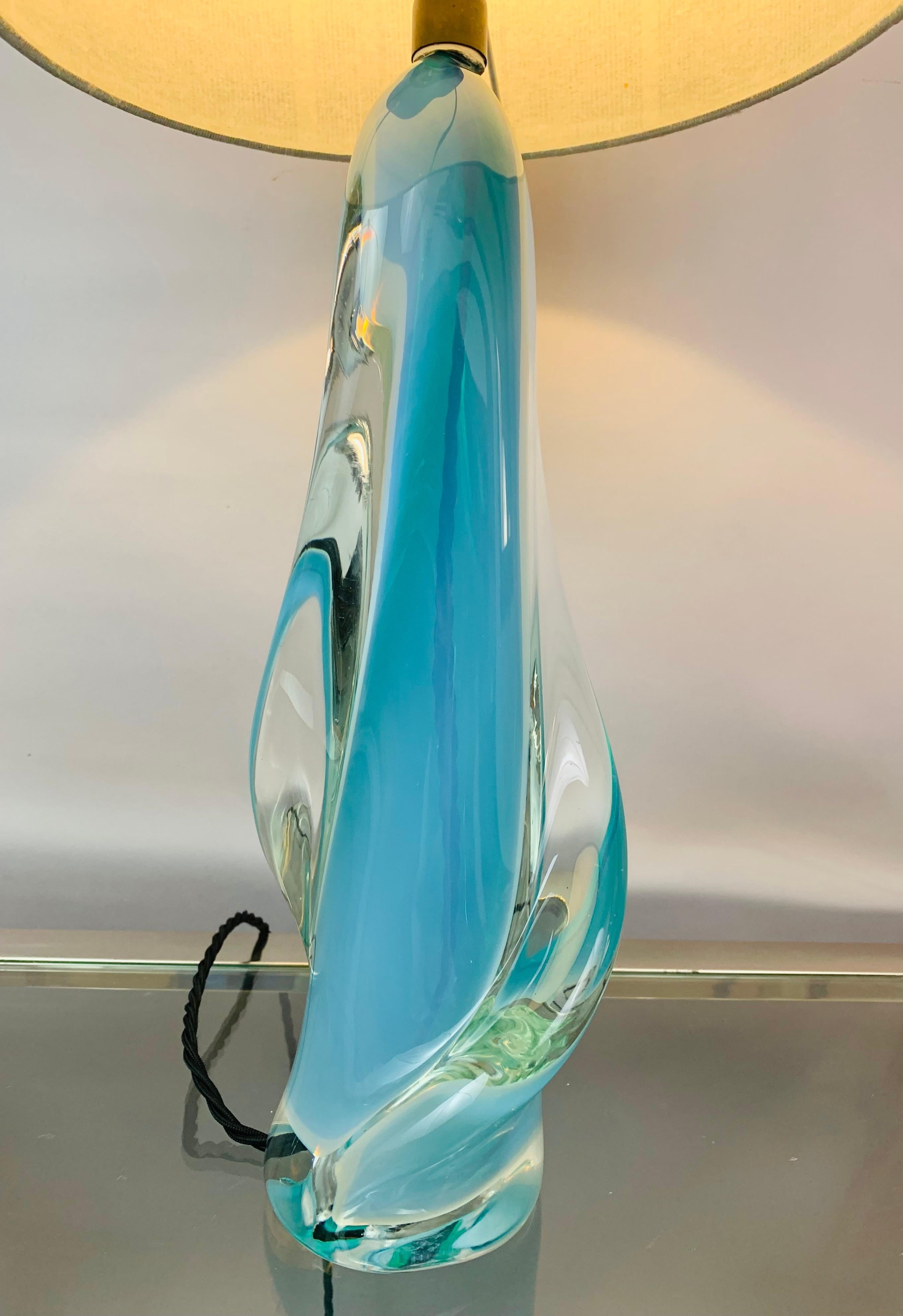 1950s Val Saint Lambert Opalescent Turquoise & Clear Crystal Glass Table Lamp 2