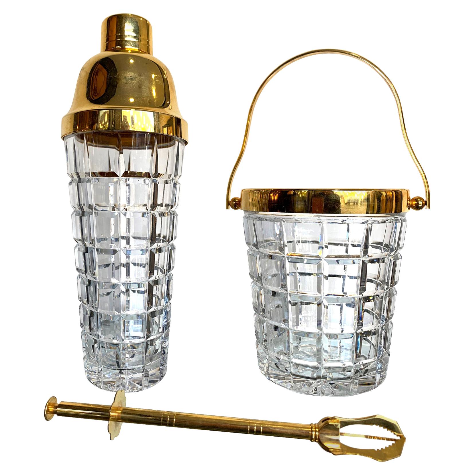 1950s Val St Lambert Crystal and Gold-Plated Cocktail Shaker and Ice Bucket