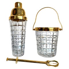 Vintage 1950s Val St Lambert Crystal and Gold-Plated Cocktail Shaker and Ice Bucket