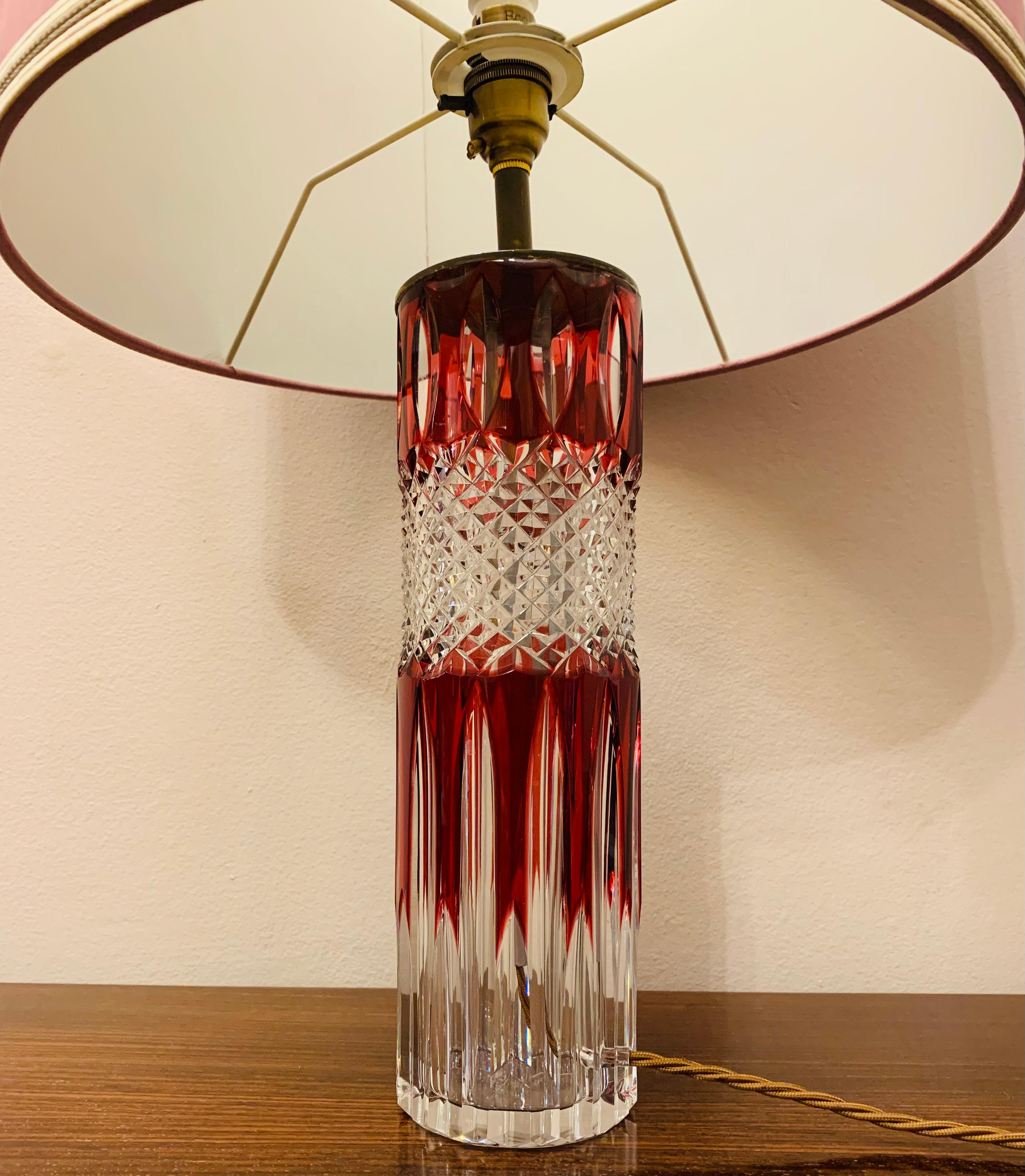 1950s Val St Lambert Ruby Red &Clear Cut Glass Crystal Table Lamp, Signed 21/100 For Sale 3