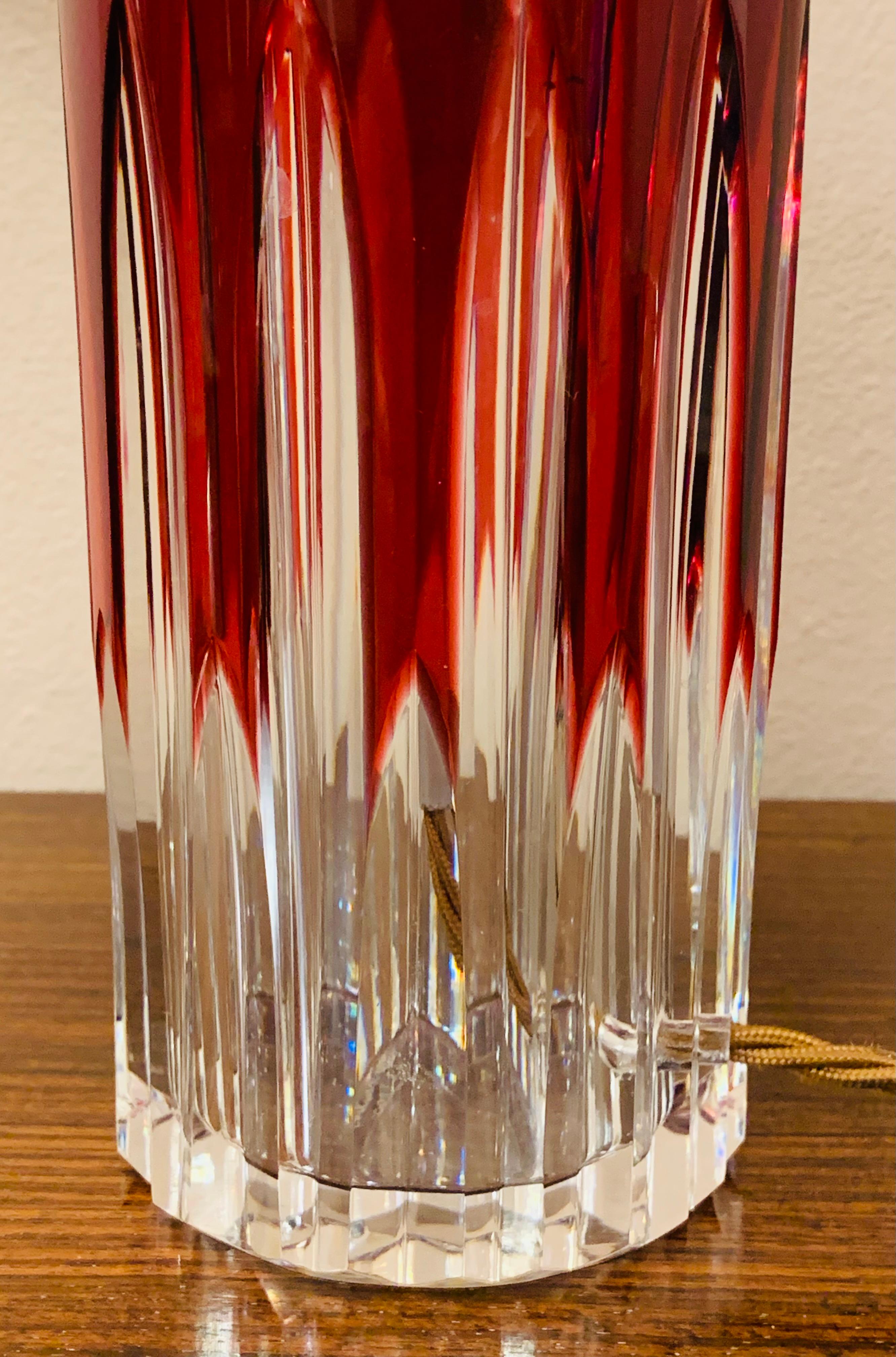 1950s Val St Lambert Ruby Red &Clear Cut Glass Crystal Table Lamp, Signed 21/100 For Sale 6
