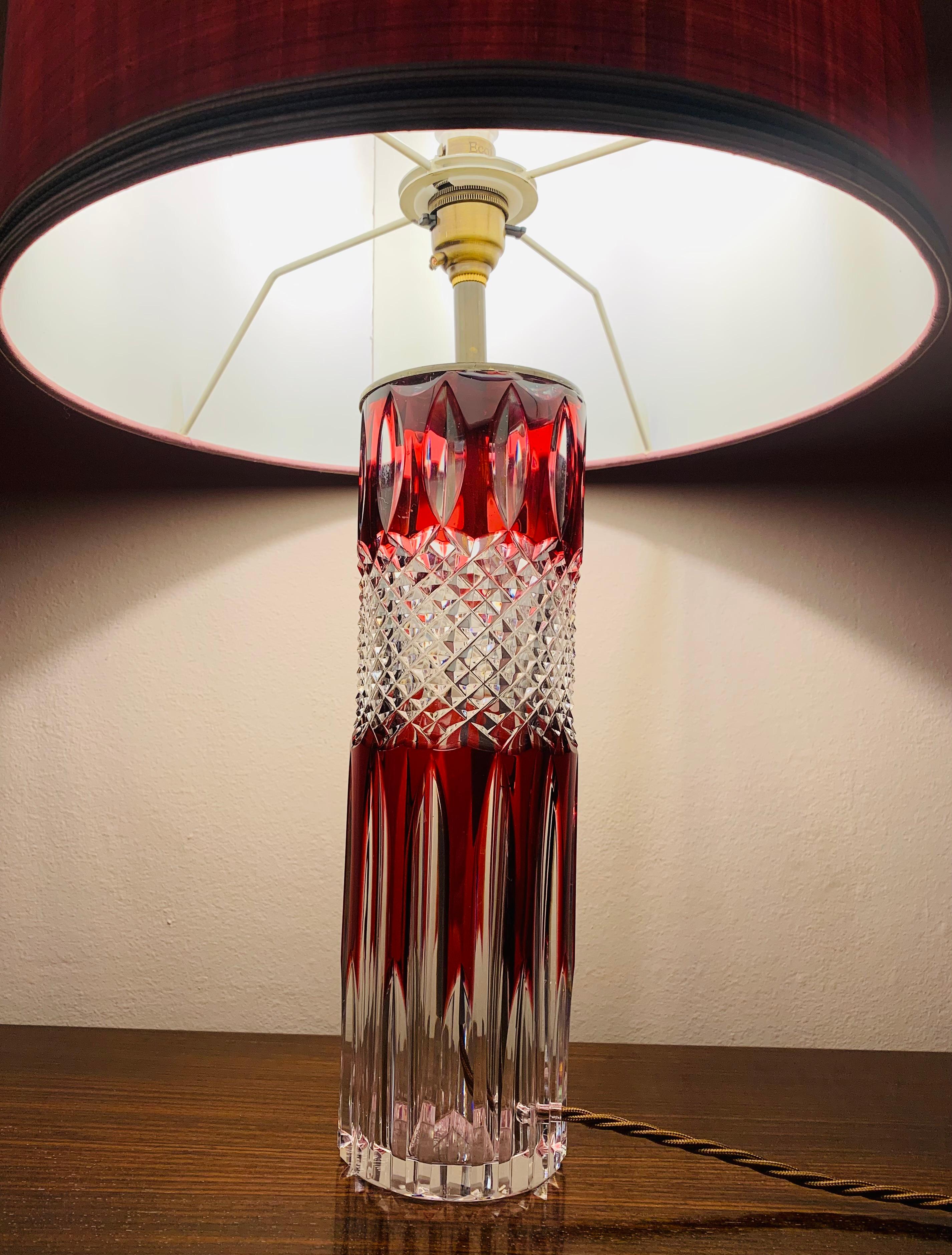 20th Century 1950s Val St Lambert Ruby Red &Clear Cut Glass Crystal Table Lamp, Signed 21/100 For Sale