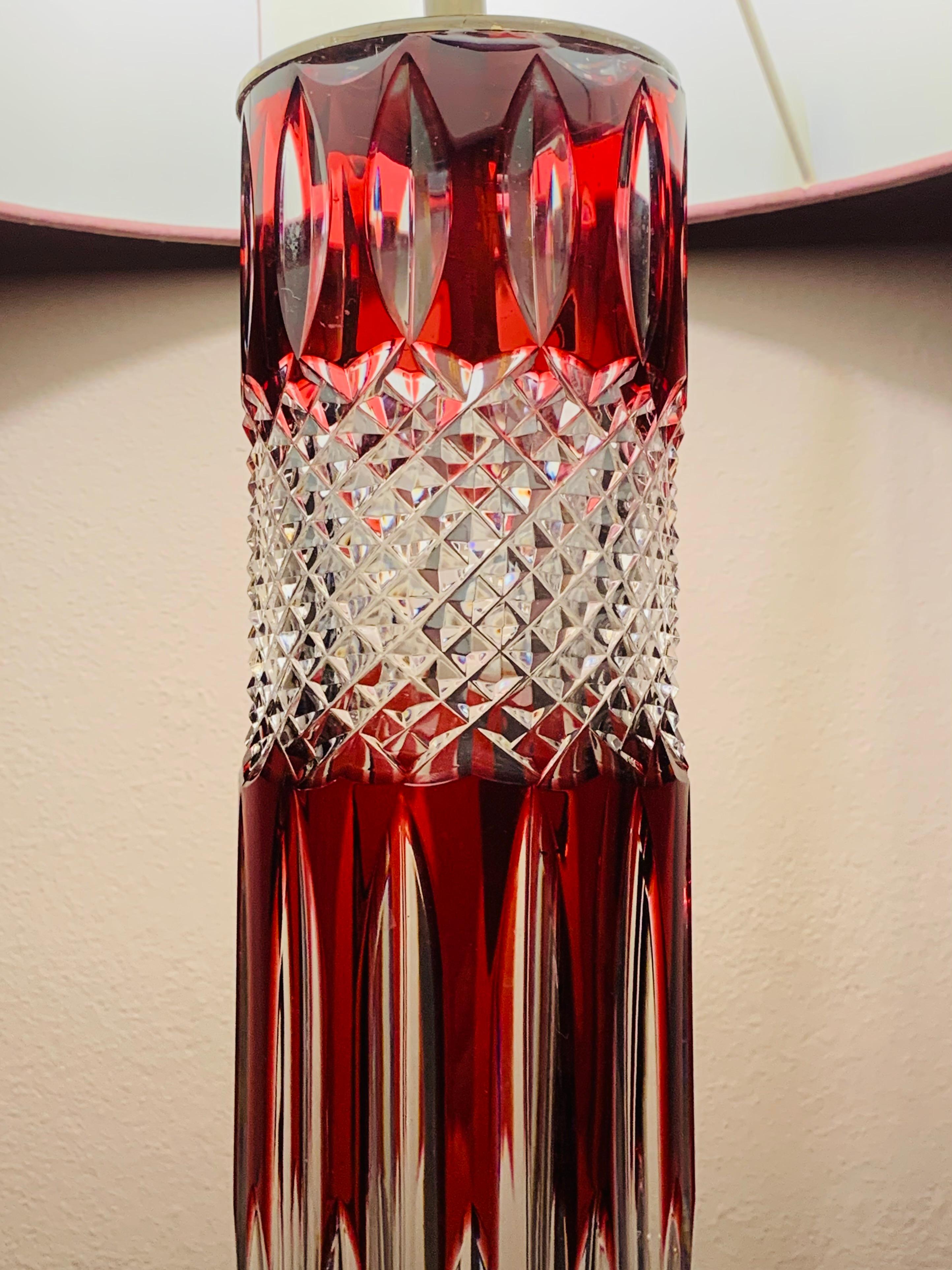 Brass 1950s Val St Lambert Ruby Red &Clear Cut Glass Crystal Table Lamp, Signed 21/100 For Sale