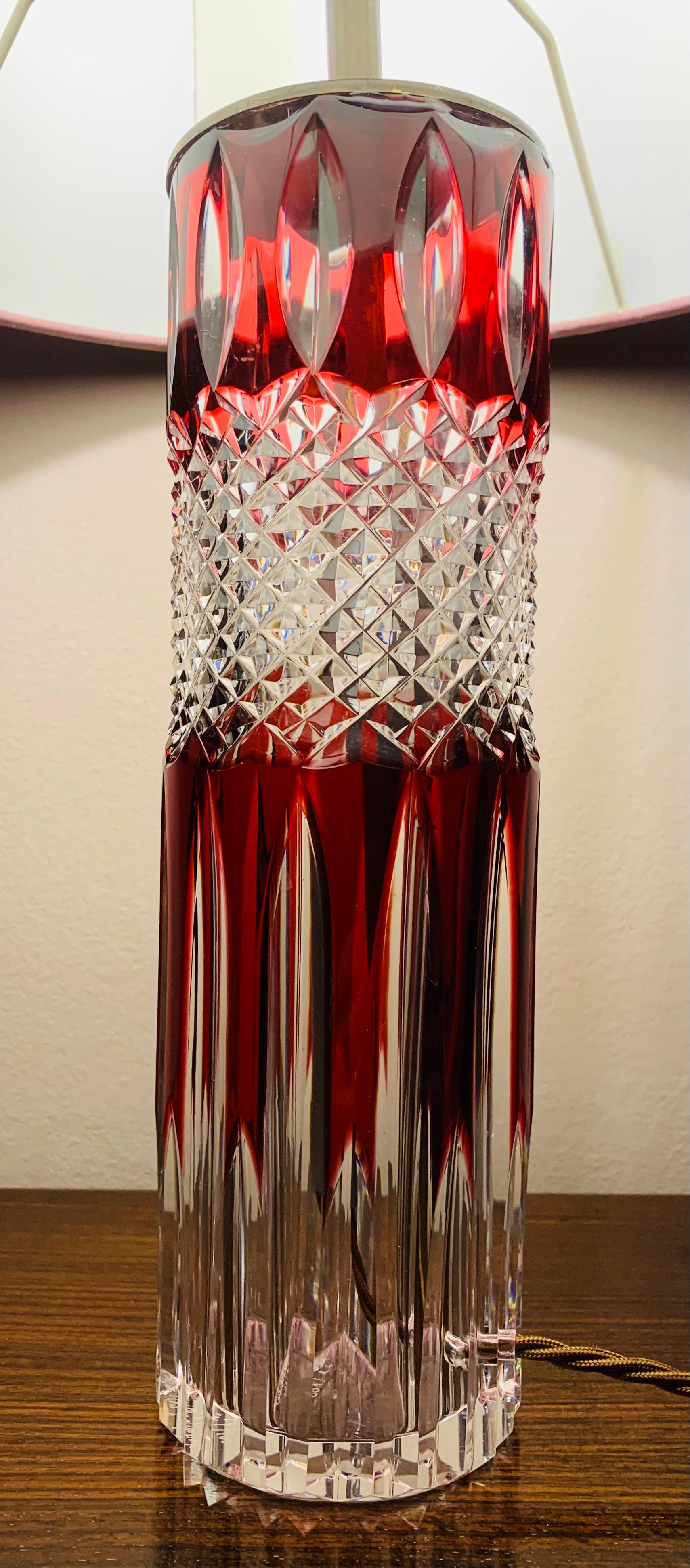 1950s Val St Lambert Ruby Red &Clear Cut Glass Crystal Table Lamp, Signed 21/100 For Sale 2