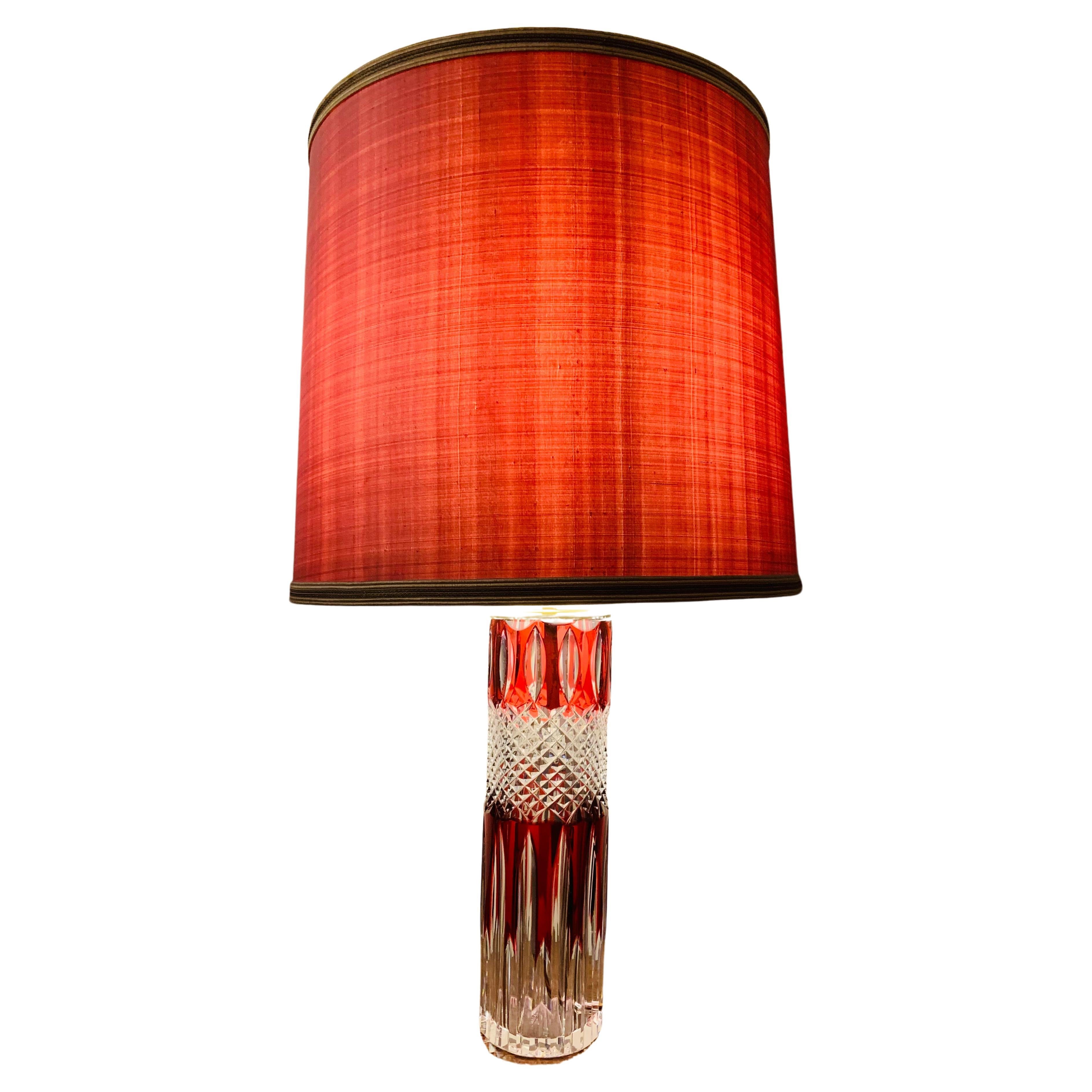 1950s Val St Lambert Ruby Red &Clear Cut Glass Crystal Table Lamp, Signed 21/100 For Sale