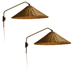 1950er Valinte Oy Wandlampe aus Rattan und Messing in der Art von Paavo Tynell