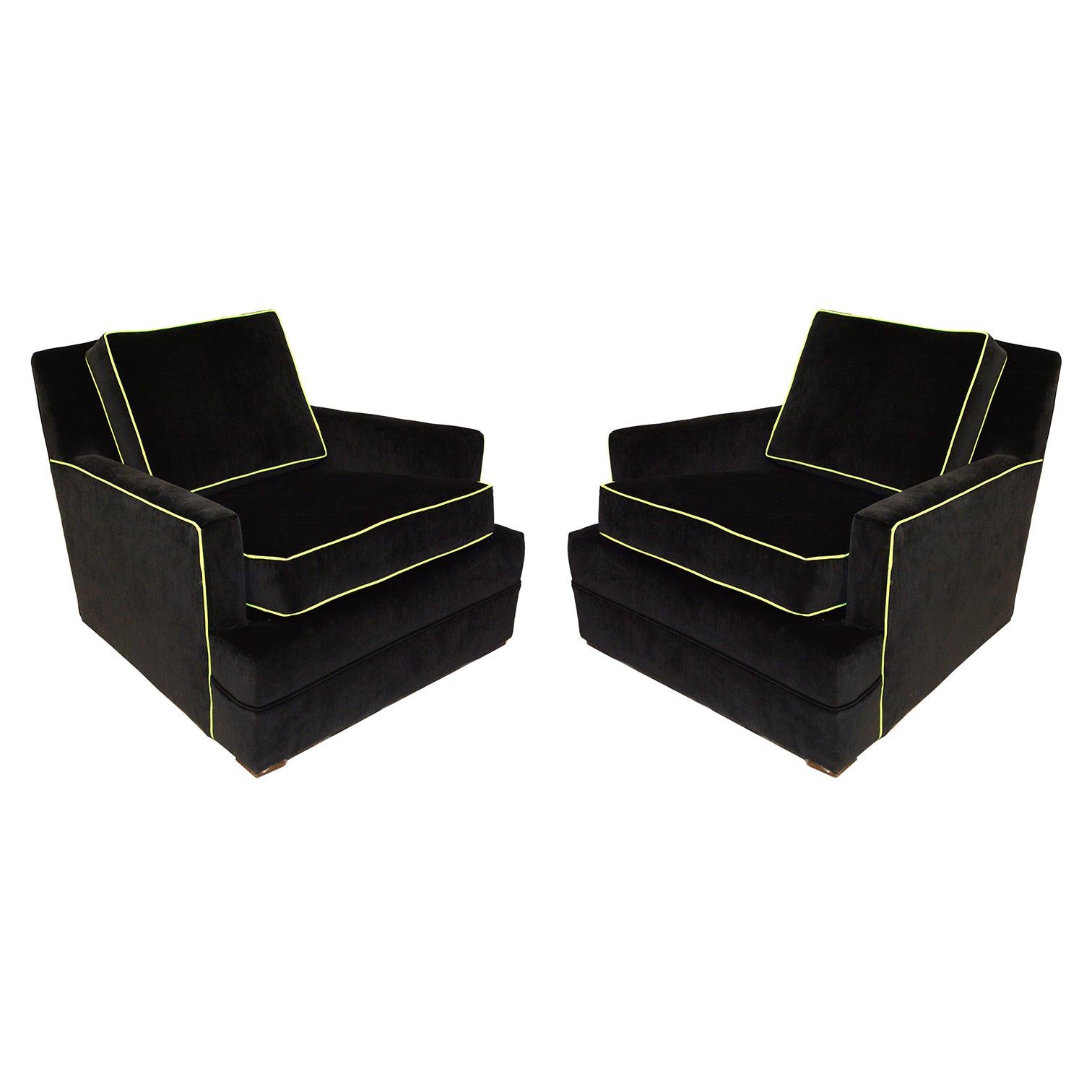 1950s Vanleigh Black Velvet Club Chairs w/Safety Yellow Green Piping