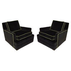 Vintage 1950s Vanleigh Black Velvet Club Chairs w/Safety Yellow Green Piping