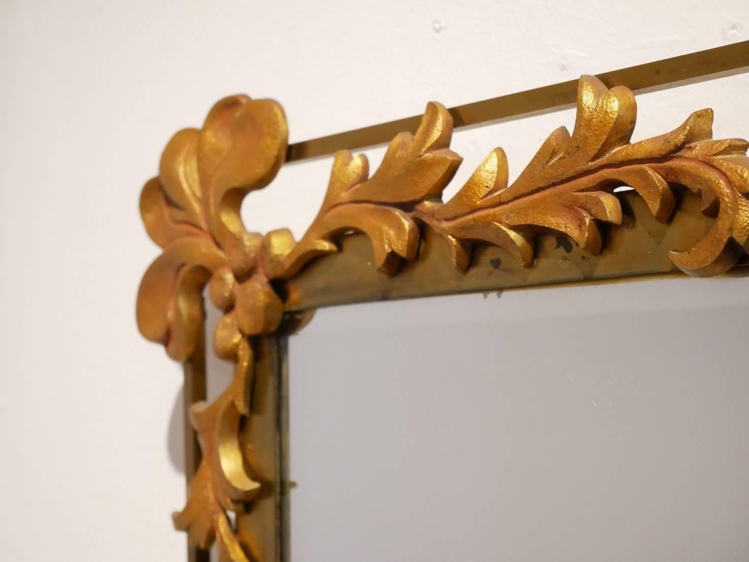 French 1950s Vegetal Decor Gilded Metal Wall-Mounted Mirror For Sale