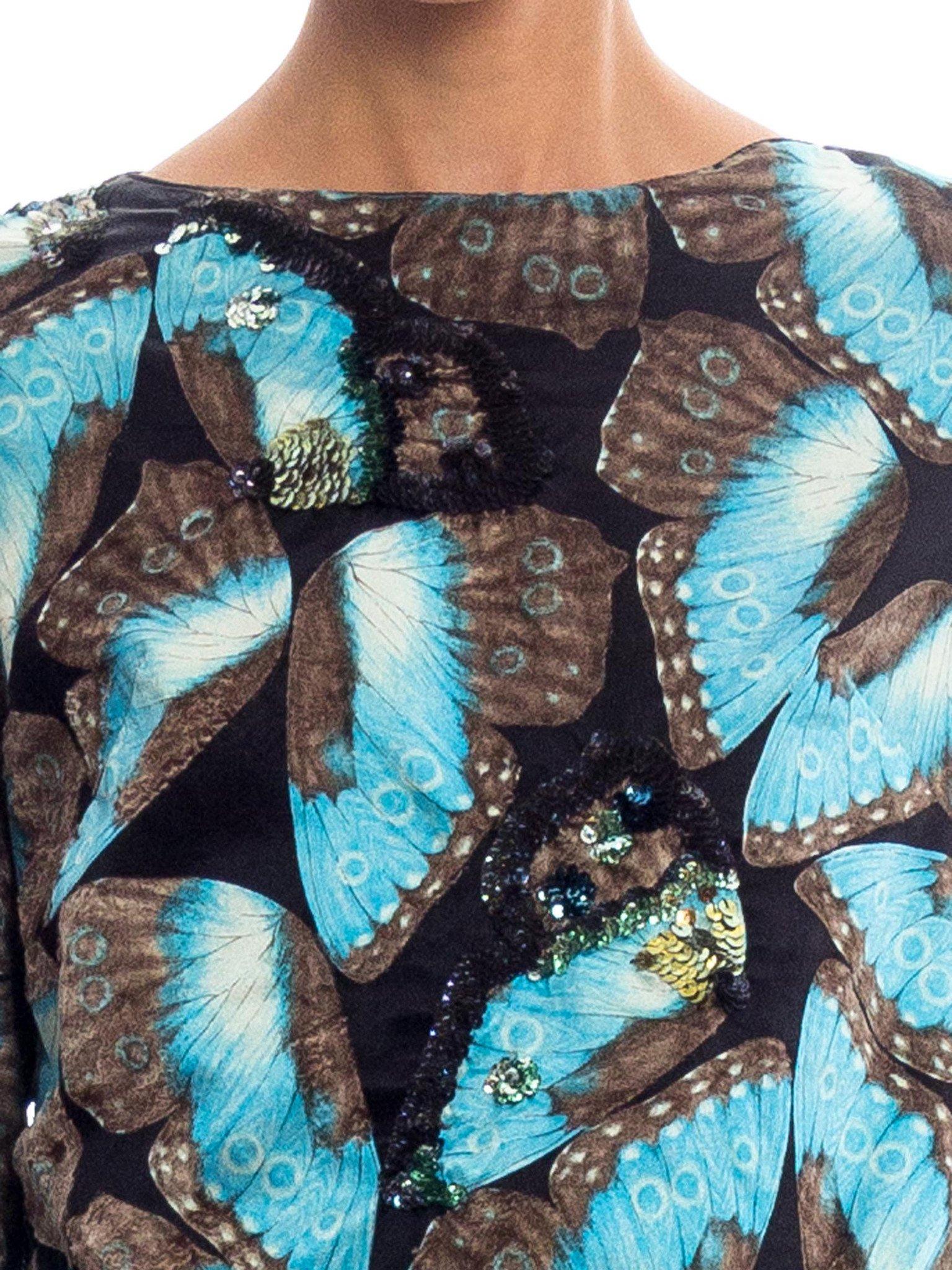 1950S Silk Satin  Hand-Cut Velvet Butterfly Print Blouse & Sequins In Excellent Condition In New York, NY