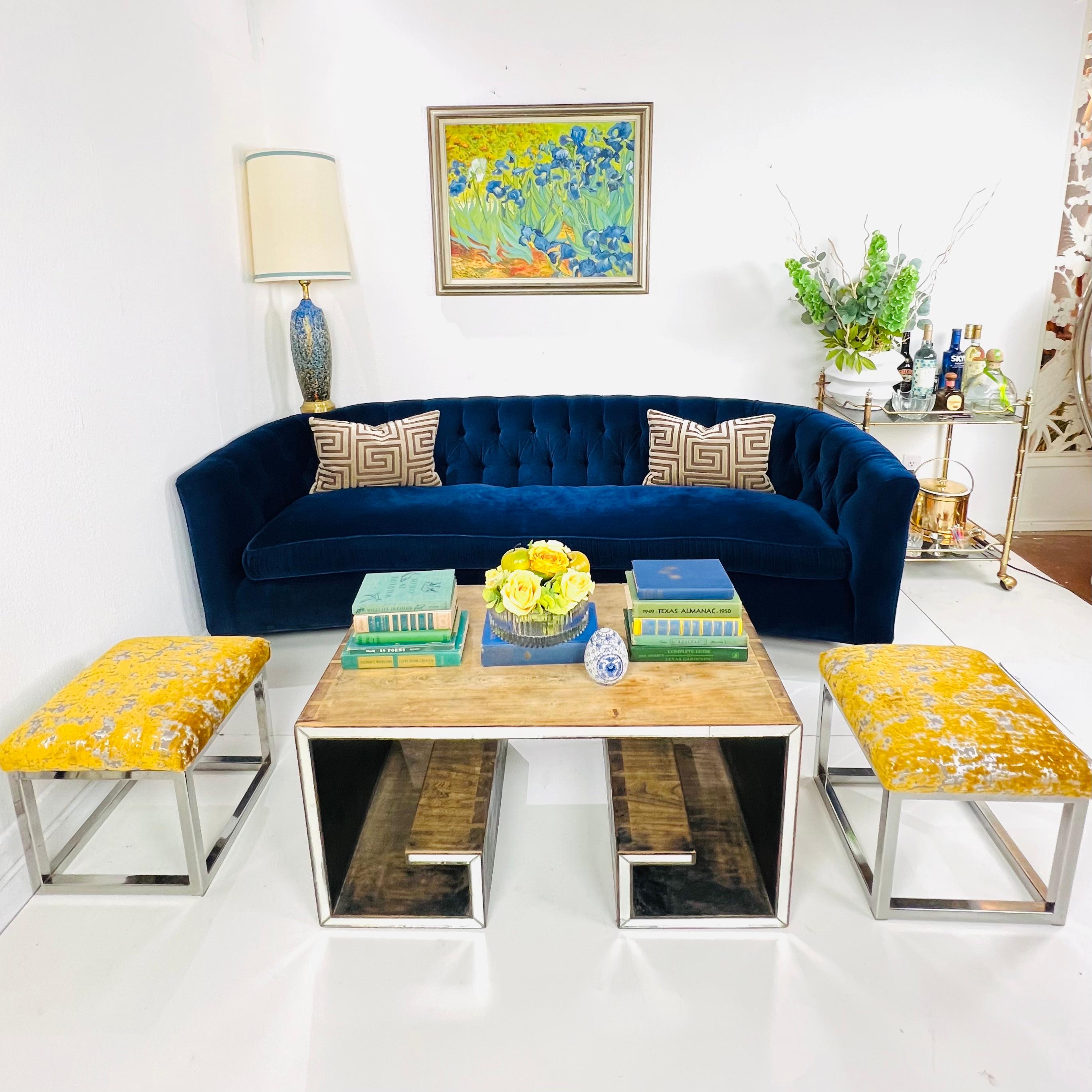1950s Velvet Tufted Curved Sofa 1