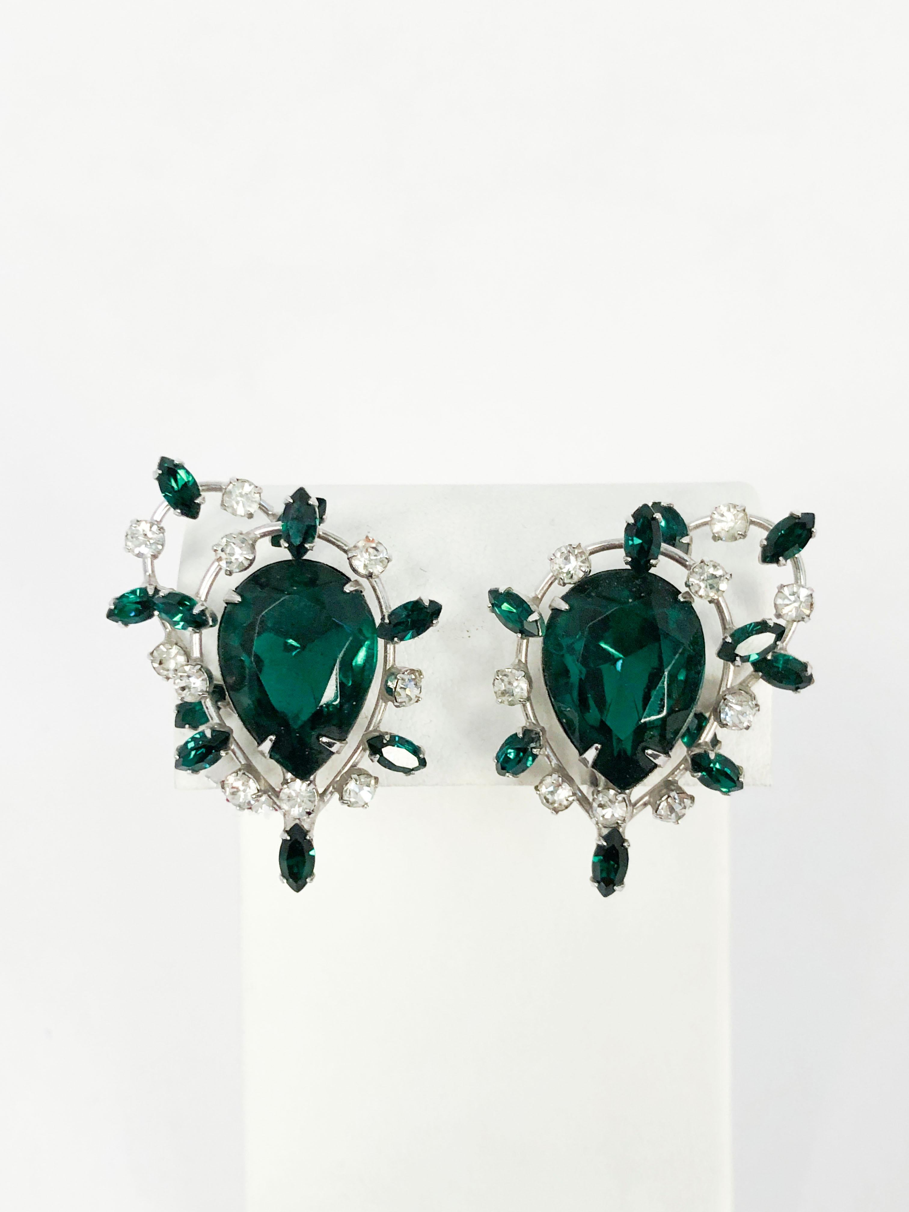 1950s Vendome Clip-on Earring with Emerald/Green Rhinestones on a silver-tone base metal.