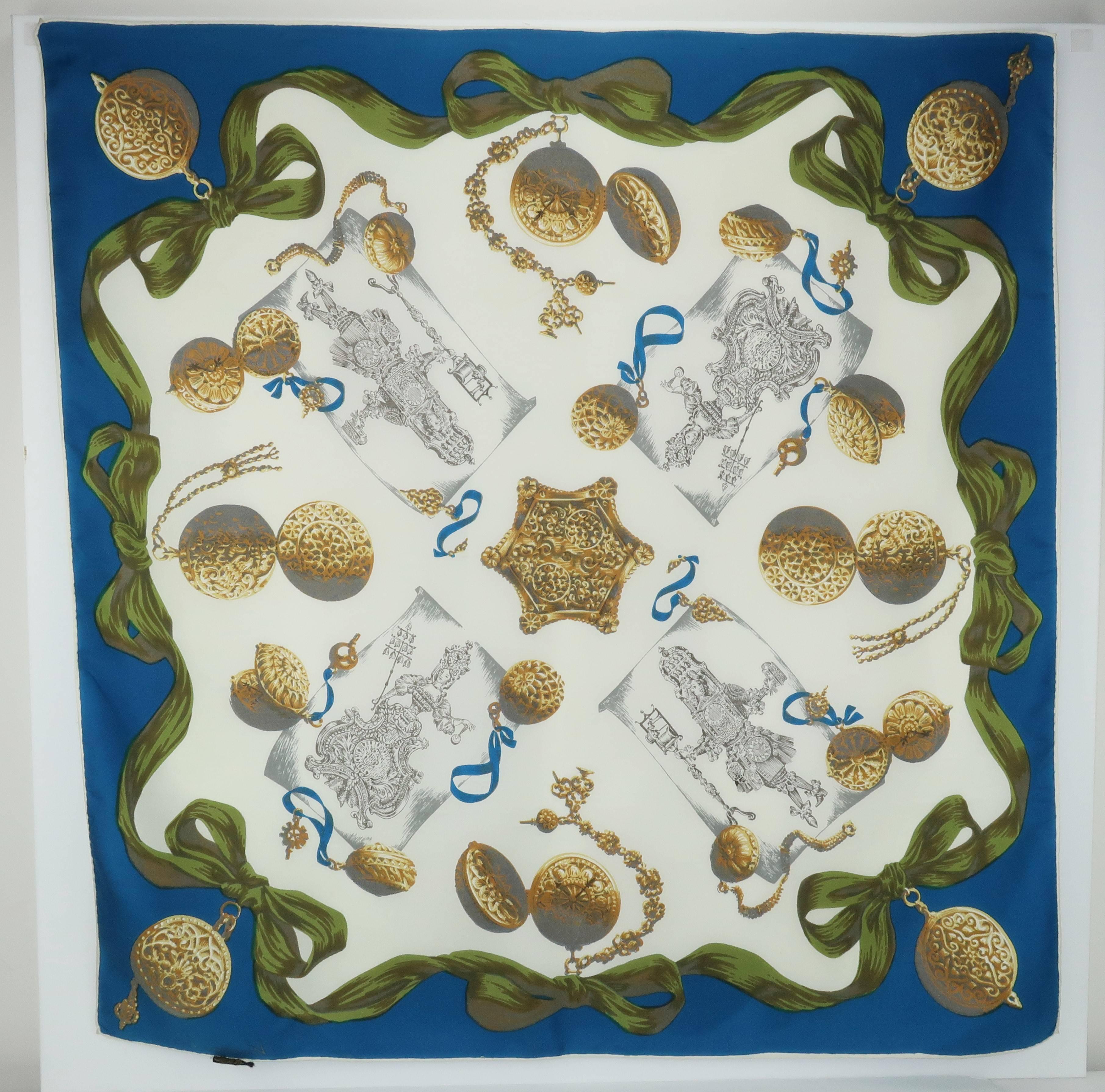 1950’s Vendome French Silk Scarf With Trompe L'oeil Time Pieces 1