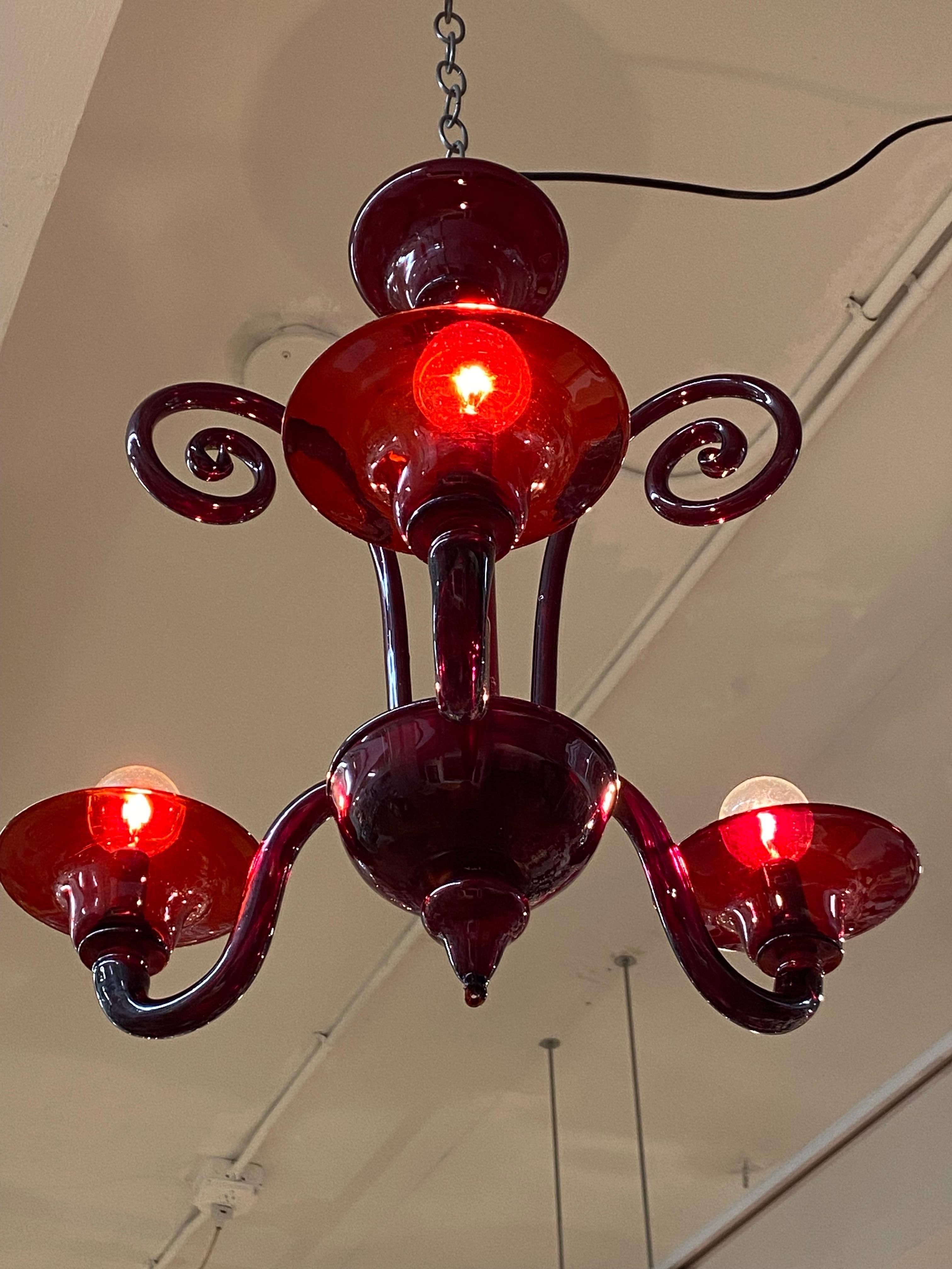 Hollywood Regency 1950s Venetian Burgundy Red 3 Light Chandelier