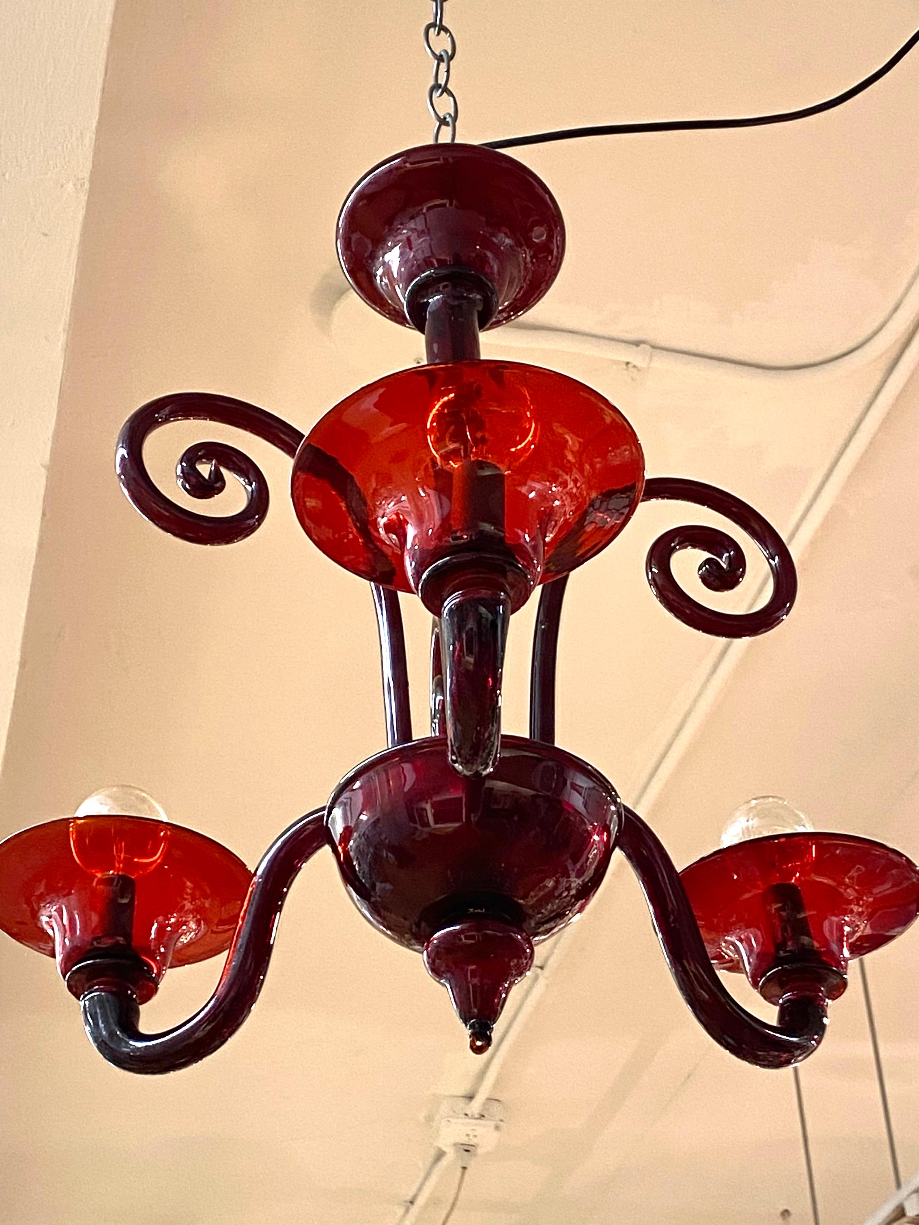 Italian 1950s Venetian Burgundy Red 3 Light Chandelier