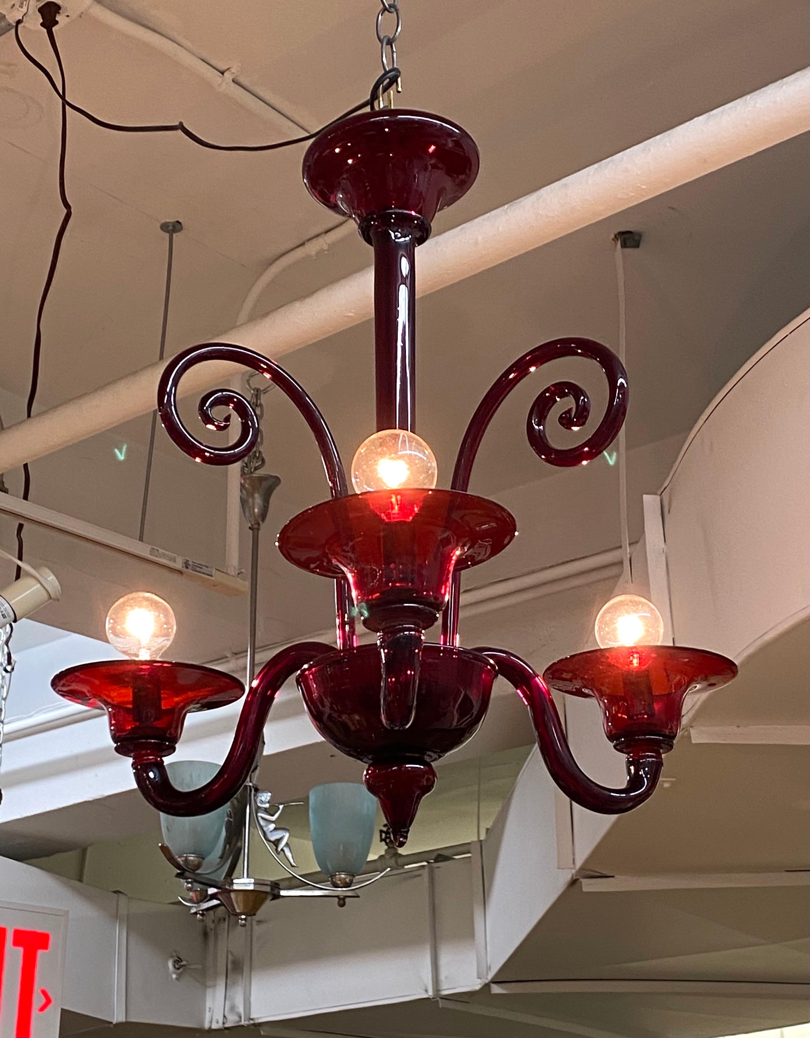 Hand-Crafted 1950s Venetian Burgundy Red 3 Light Chandelier