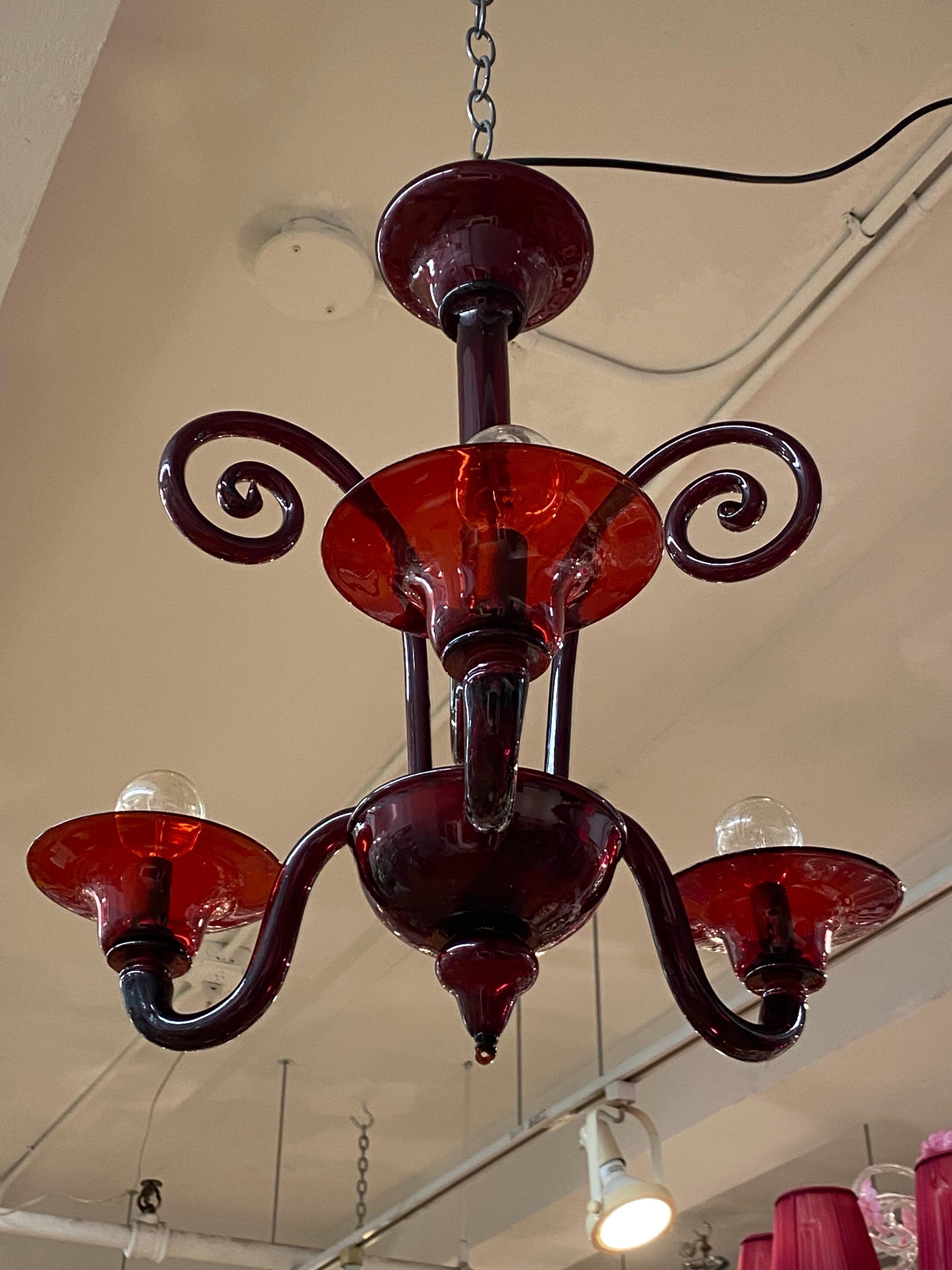 1950s Venetian Burgundy Red 3 Light Chandelier In Good Condition In New York, NY