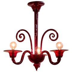 1950s Venetian Burgundy Red 3 Light Chandelier