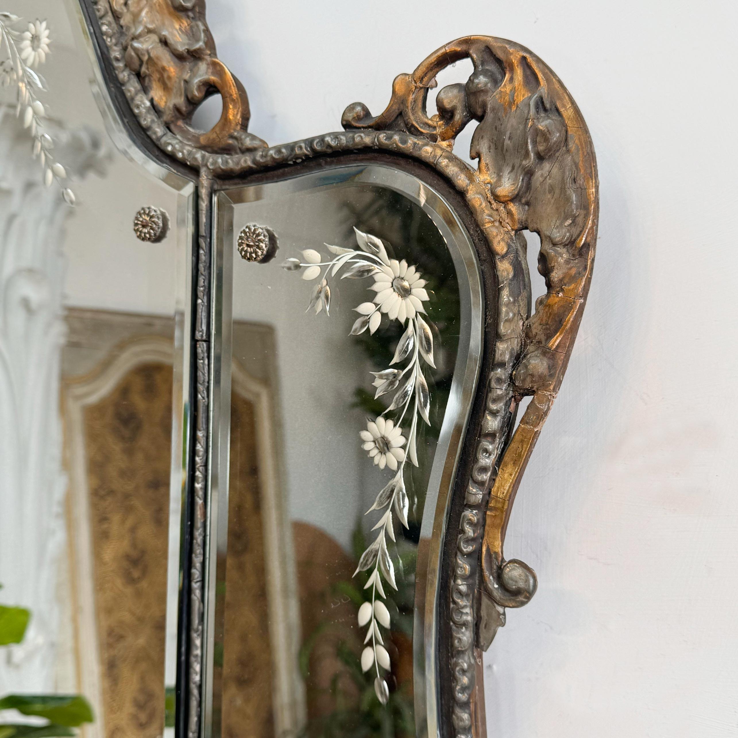 Rococo 1950’s Venetian Murano Mirror with Etched Glass and Decorative Putto Frame