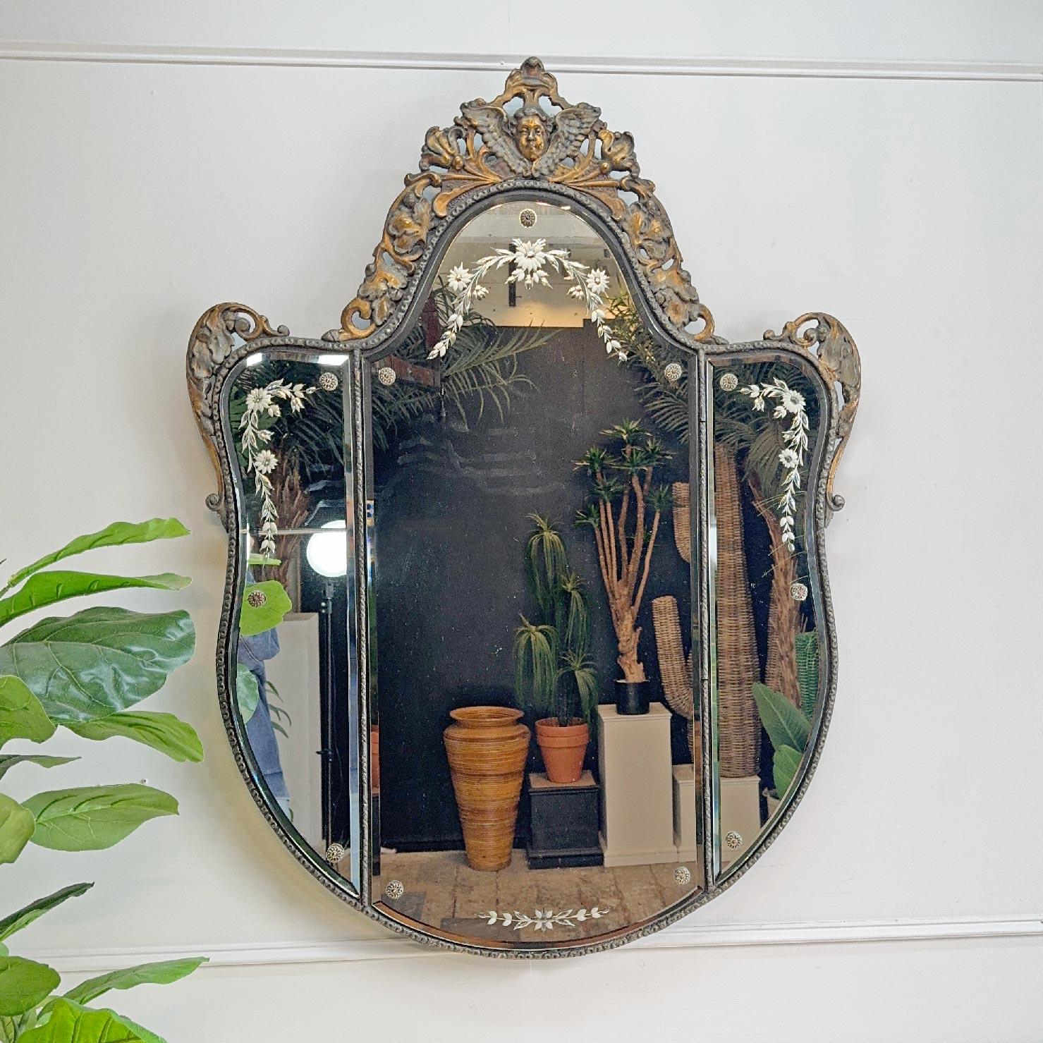Hand-Crafted 1950’s Venetian Murano Mirror with Etched Glass and Decorative Putto Frame