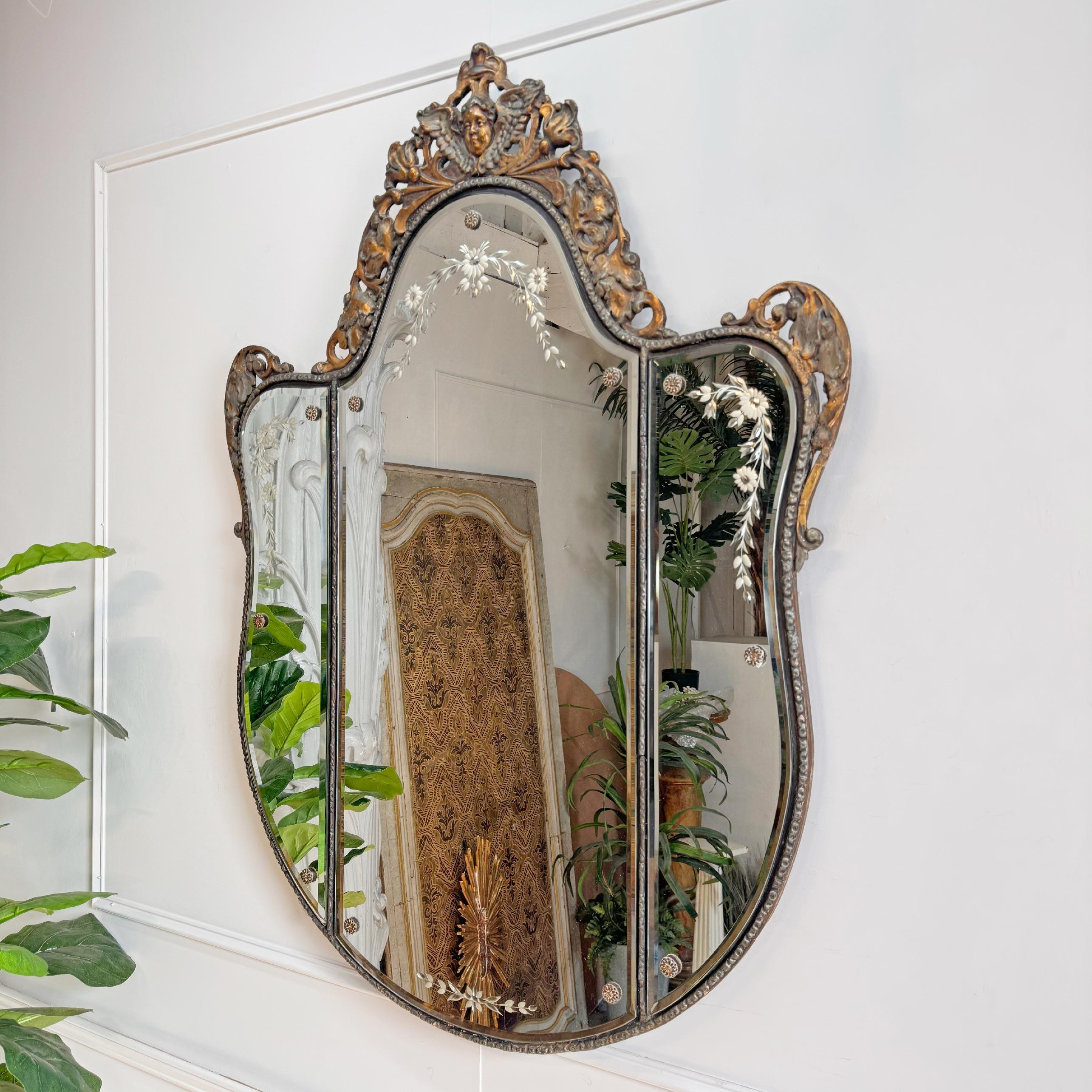 Gesso 1950’s Venetian Murano Mirror with Etched Glass and Decorative Putto Frame