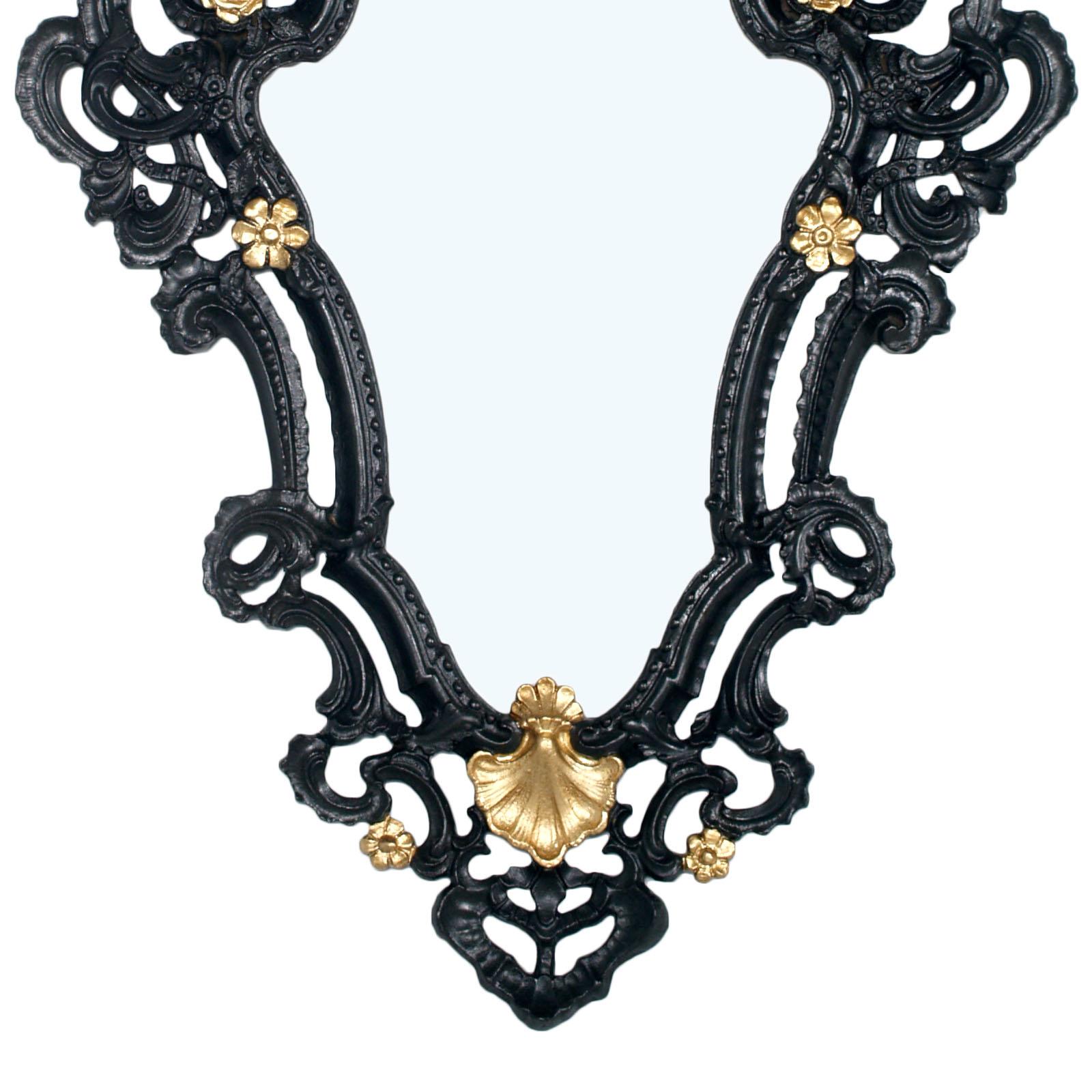 Rococo 1940s Venetian Rococò Style Wall Mirror in pressed Wood Black and Gold Laquered For Sale
