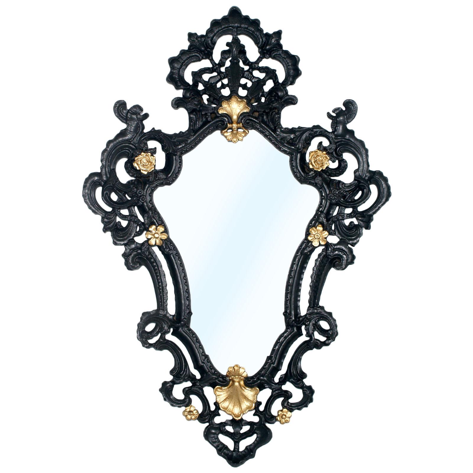 1940s Venetian Rococò Style Wall Mirror in pressed Wood Black and Gold Laquered For Sale