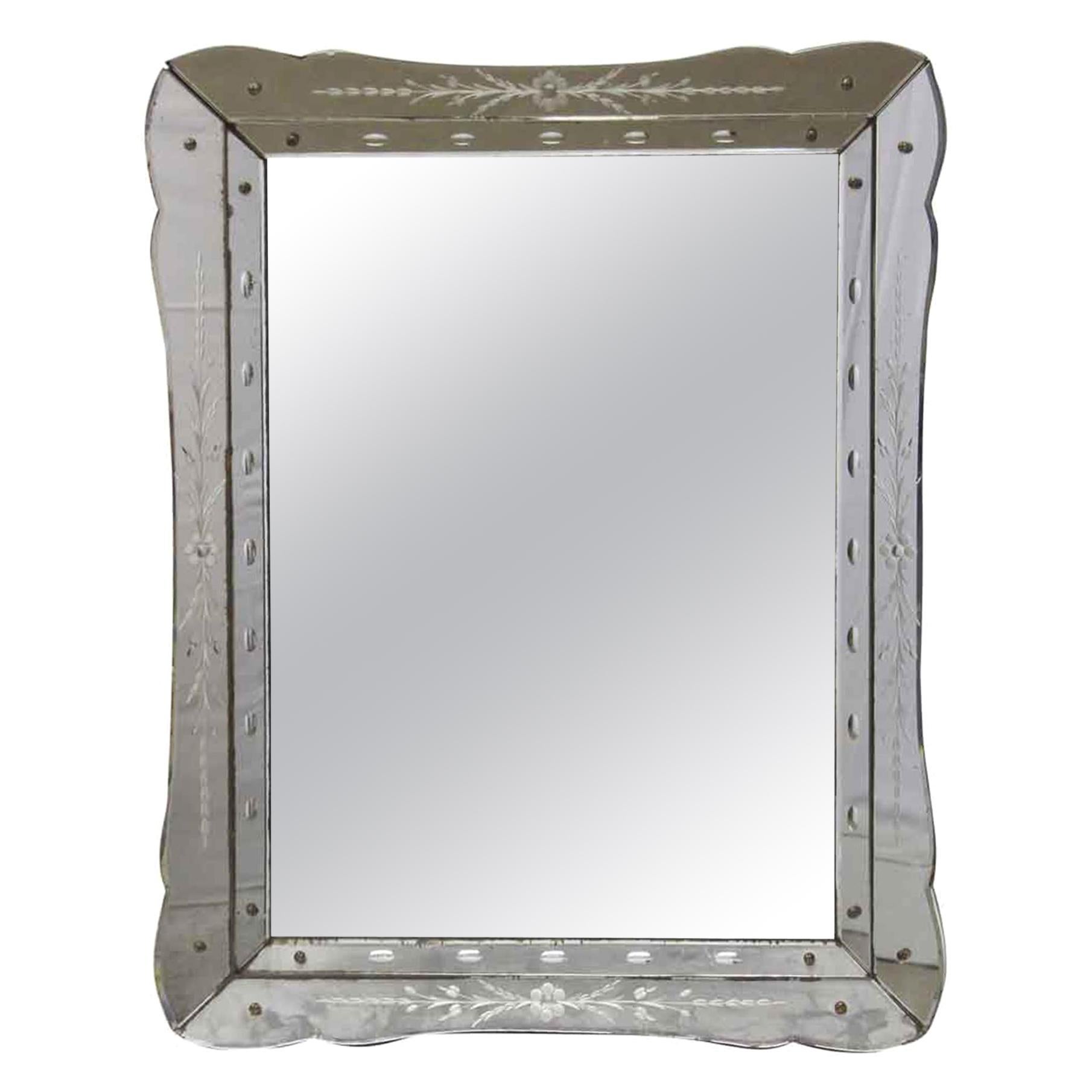 1950s Style Etched Wall Mirror with Floral Details For Sale at
