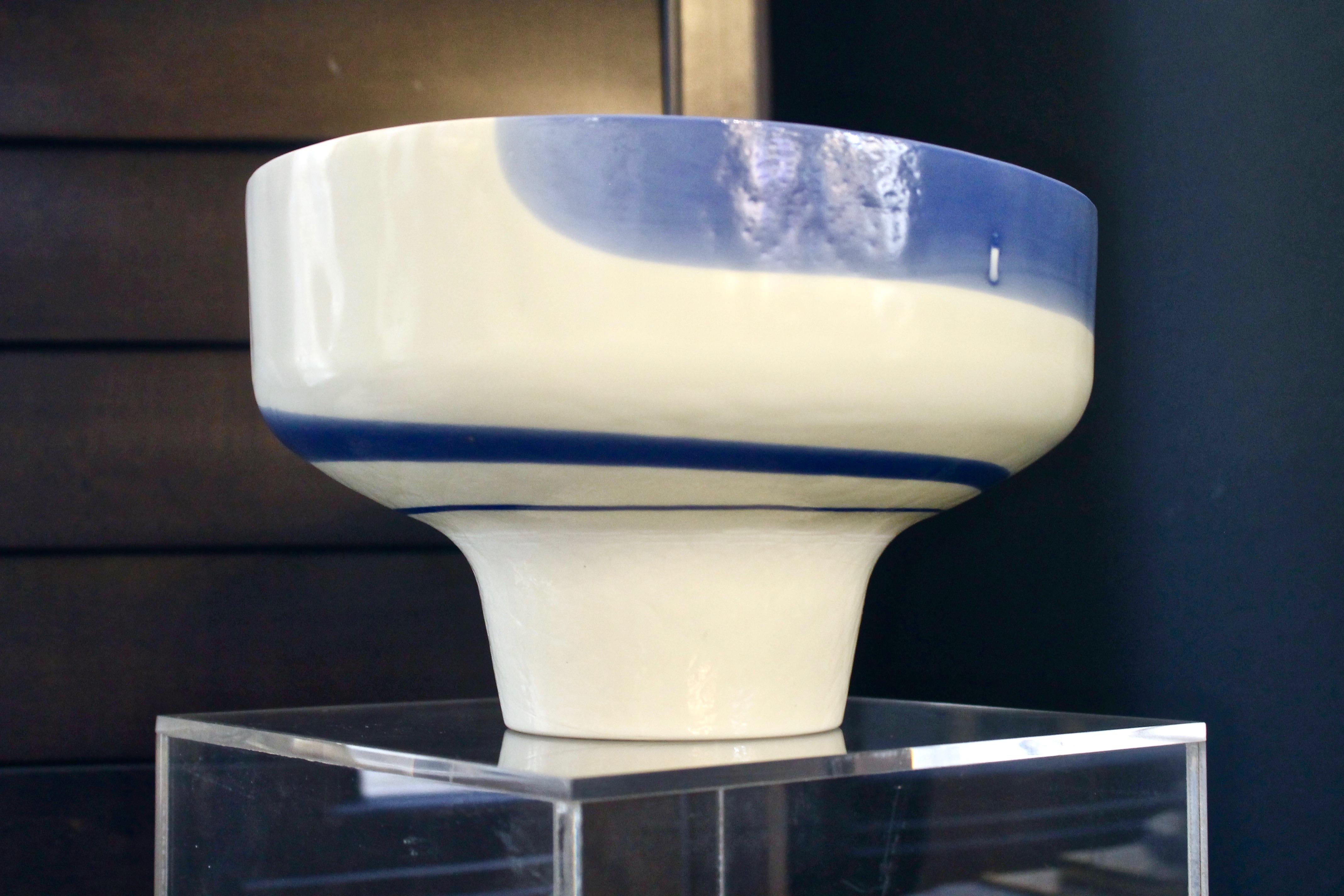 Art Glass 1950s Venini Vintage Italian Blue & Cream White Pate De Verre Murano Glass Bowl For Sale
