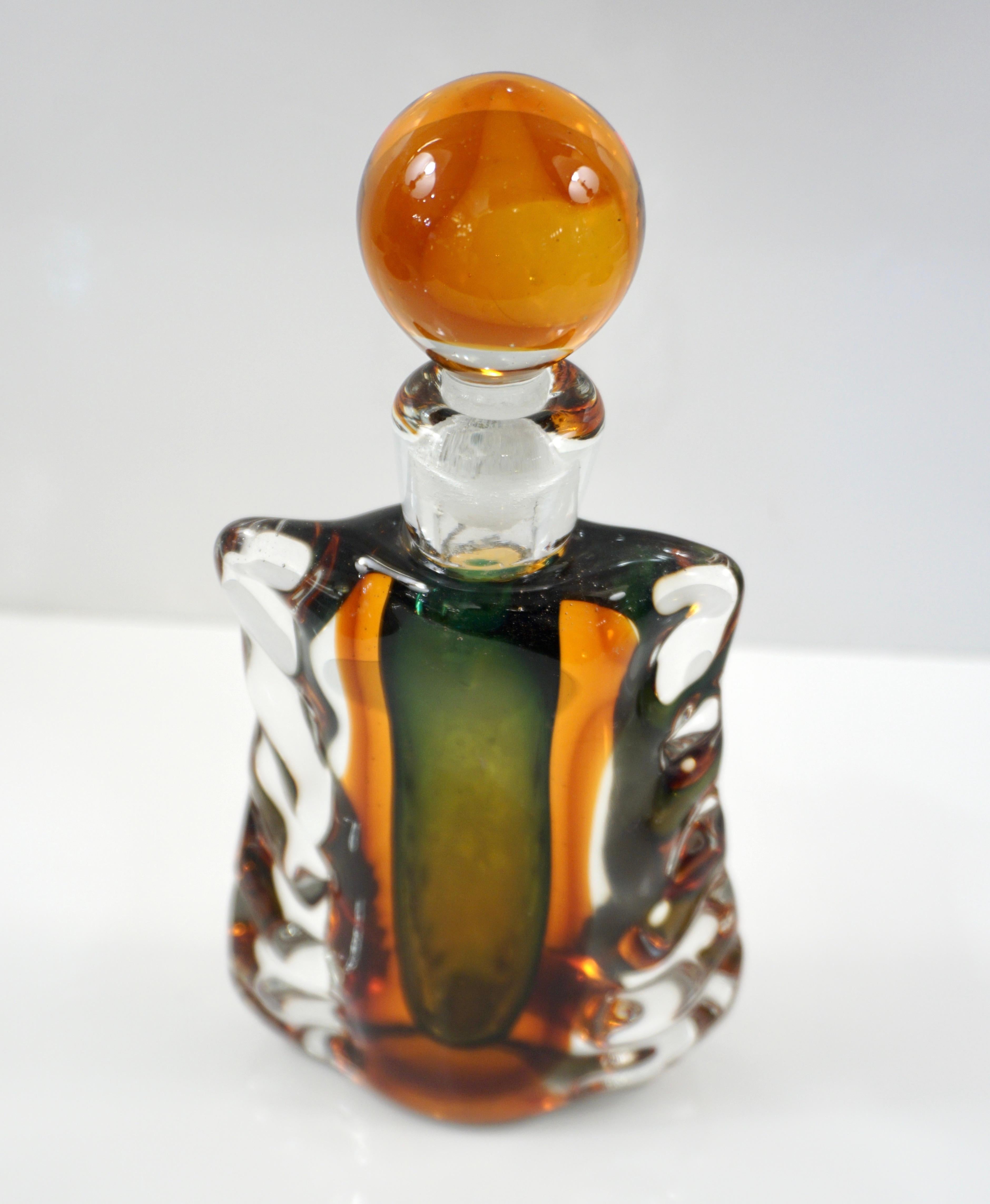 1950s Venini Vintage Italian Crystal Green Orange Layered Murano Glass Bottle 3