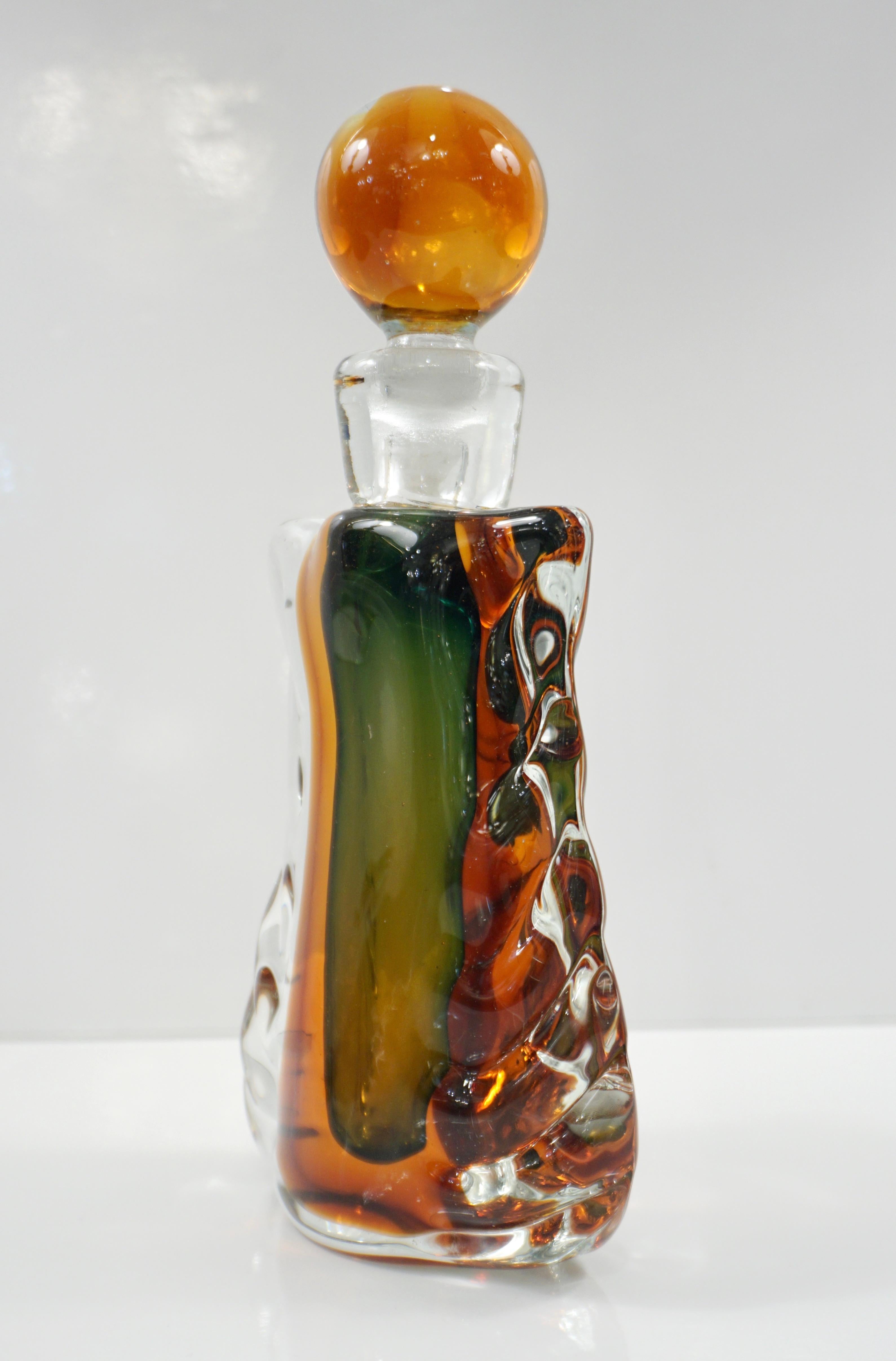 1950s Venini Vintage Italian Crystal Green Orange Layered Murano Glass Bottle 4