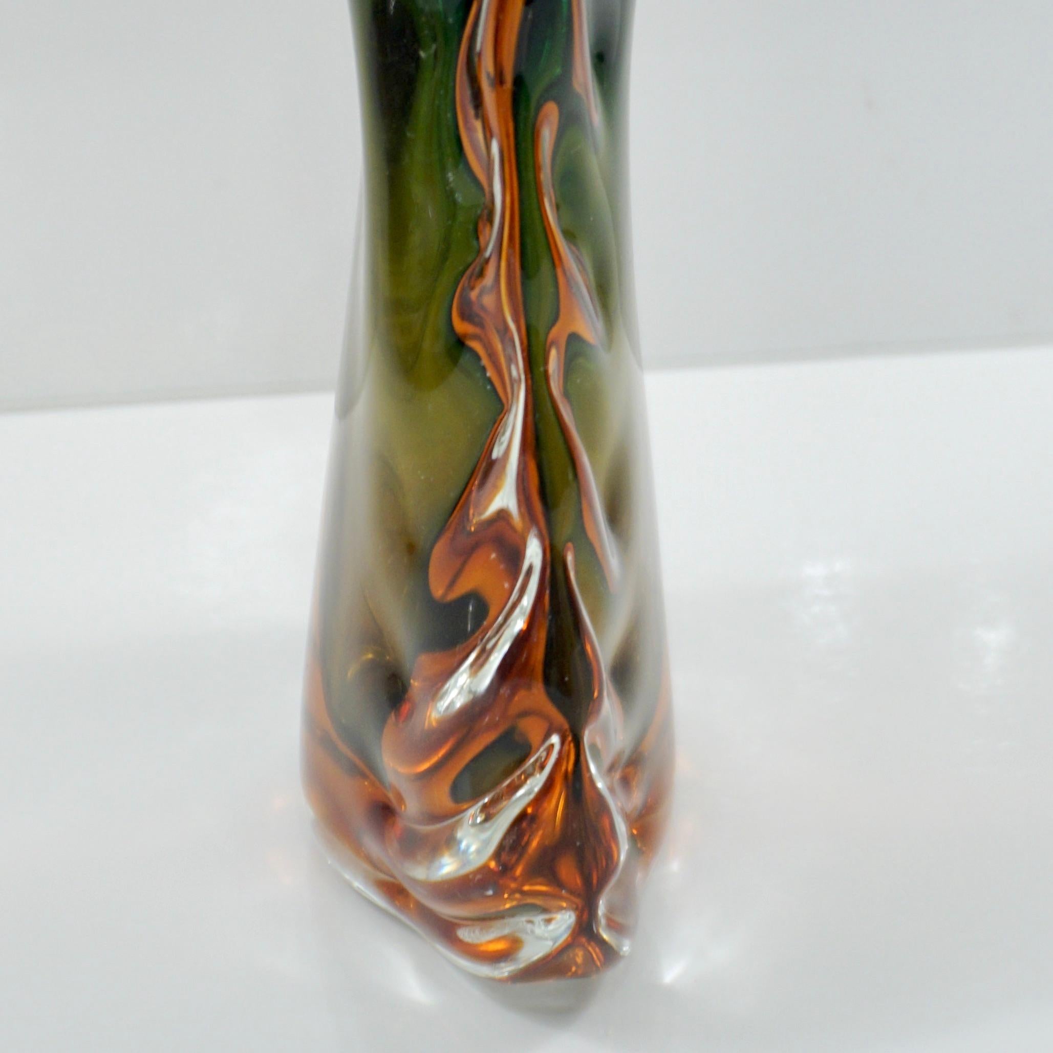 1950s Venini Vintage Italian Crystal Green Orange Layered Murano Glass Bottle 5