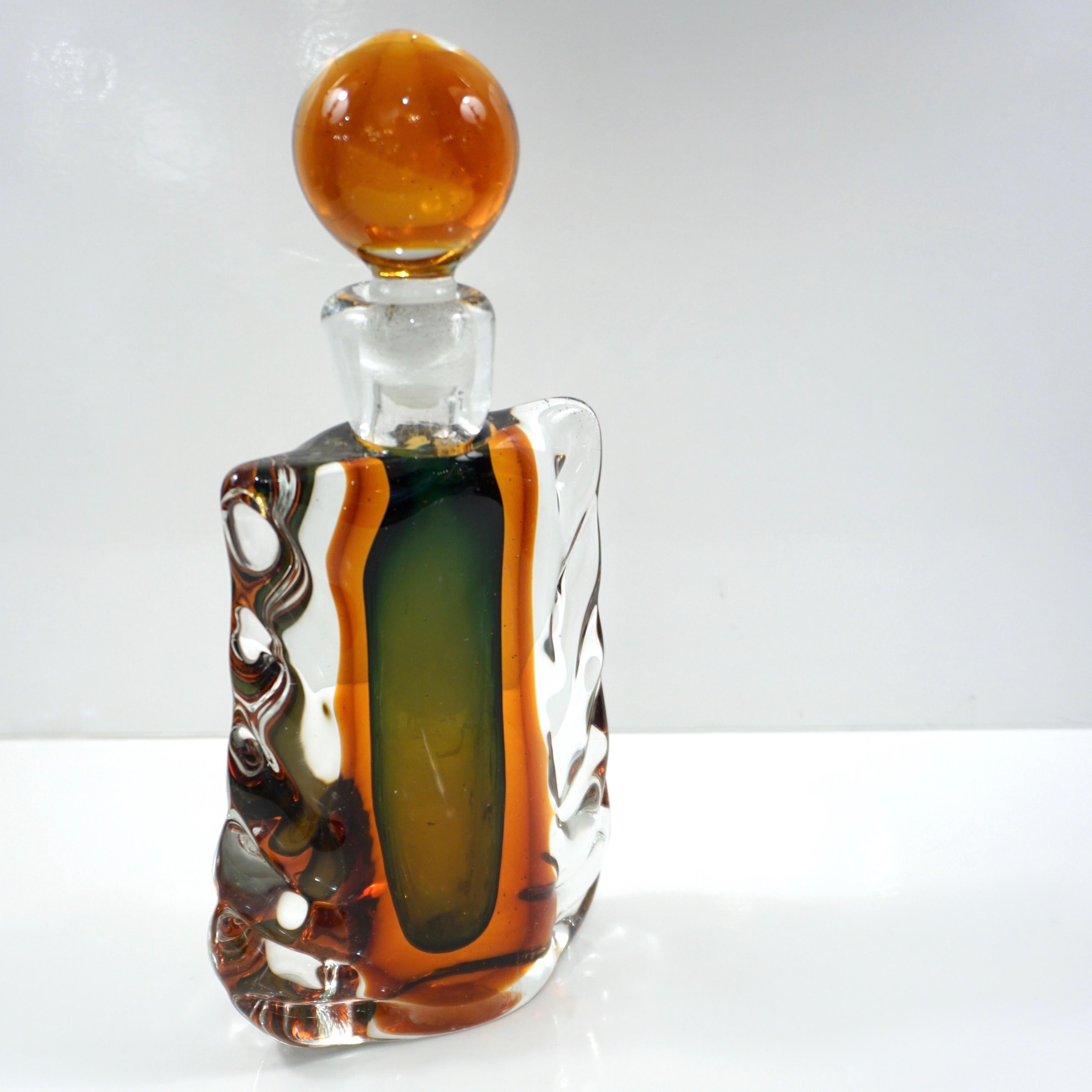 1950s Venini Vintage Italian Crystal Green Orange Layered Murano Glass Bottle 6