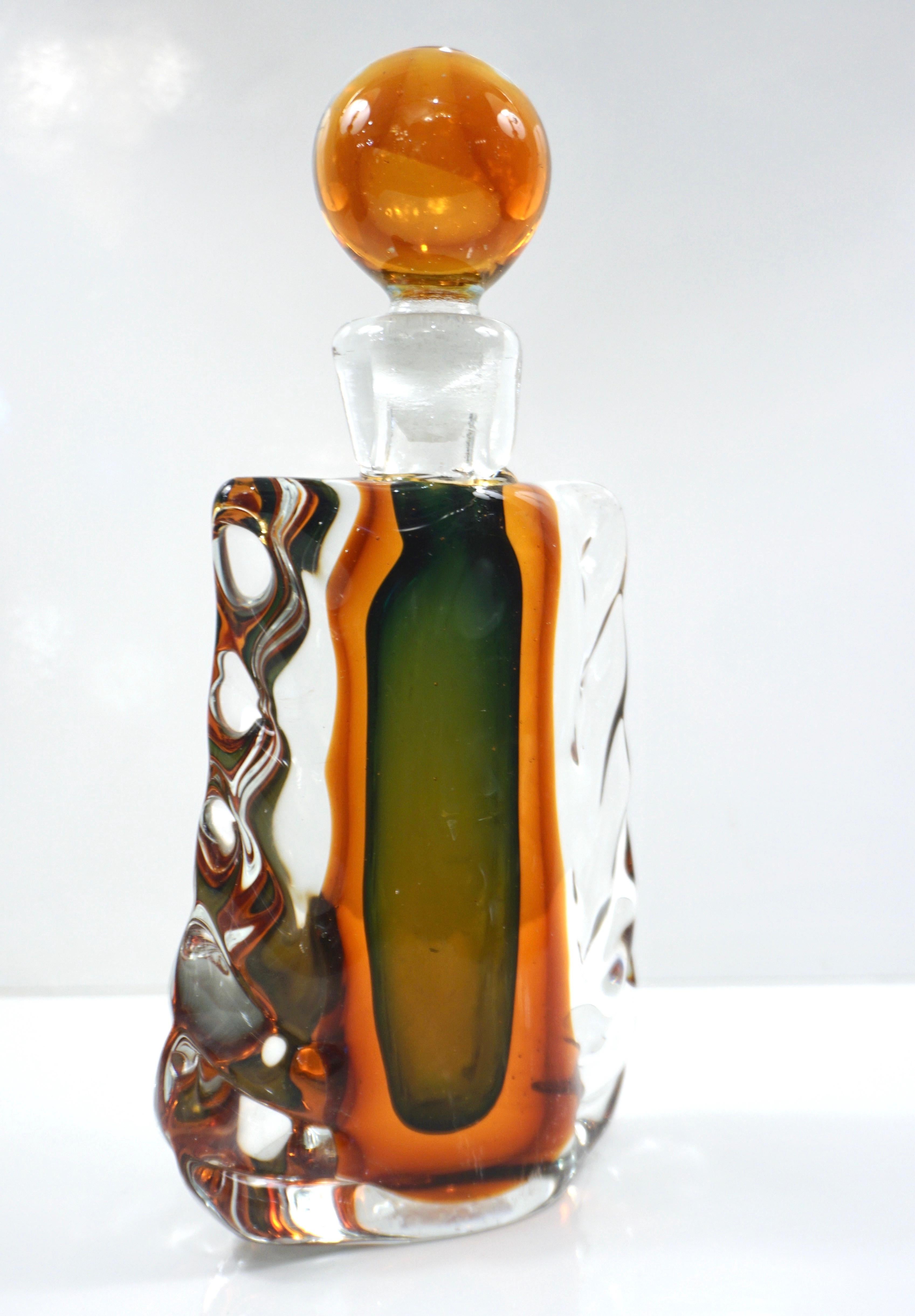 Mid-Century Modern 1950s Venini Vintage Italian Crystal Green Orange Layered Murano Glass Bottle