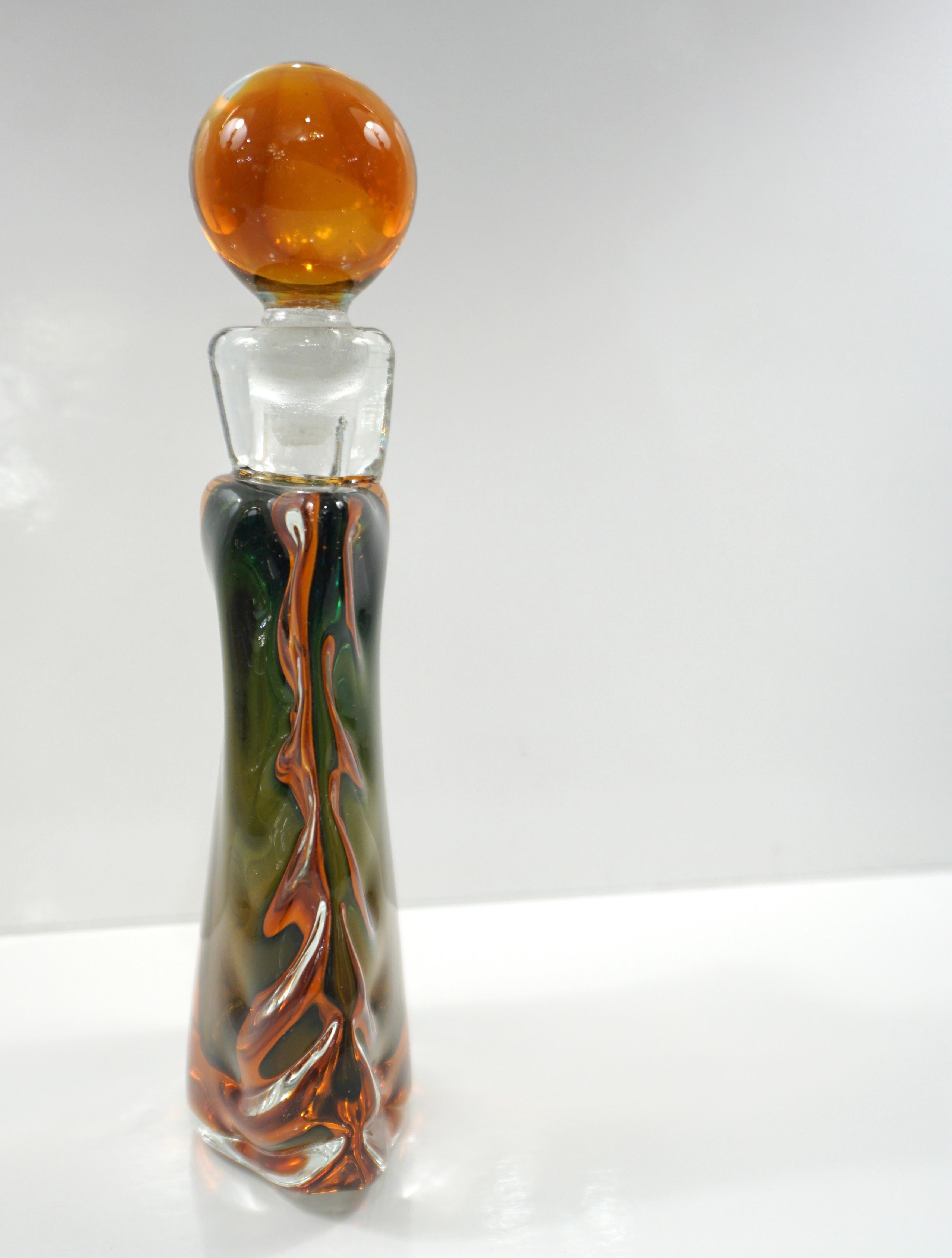 Hand-Crafted 1950s Venini Vintage Italian Crystal Green Orange Layered Murano Glass Bottle