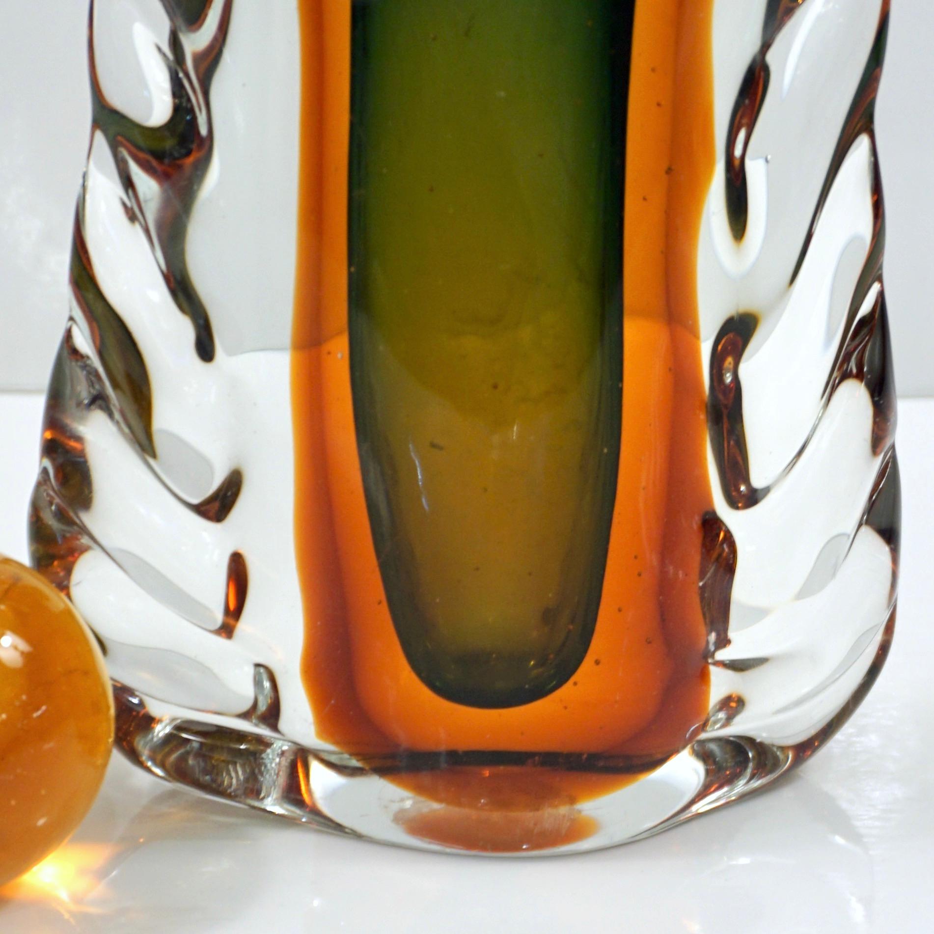 Art Glass 1950s Venini Vintage Italian Crystal Green Orange Layered Murano Glass Bottle