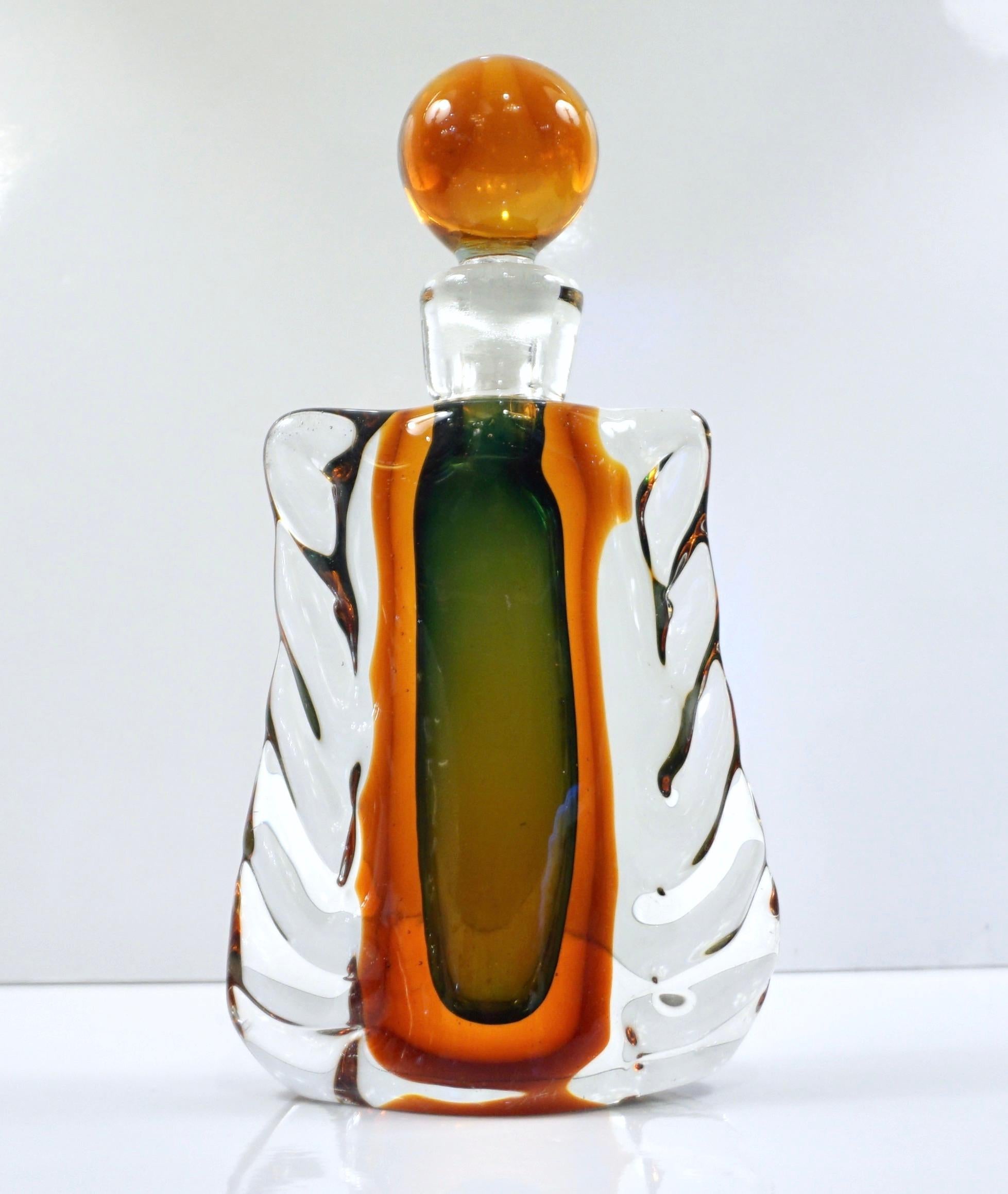 1950s Venini Vintage Italian Crystal Green Orange Layered Murano Glass Bottle 2